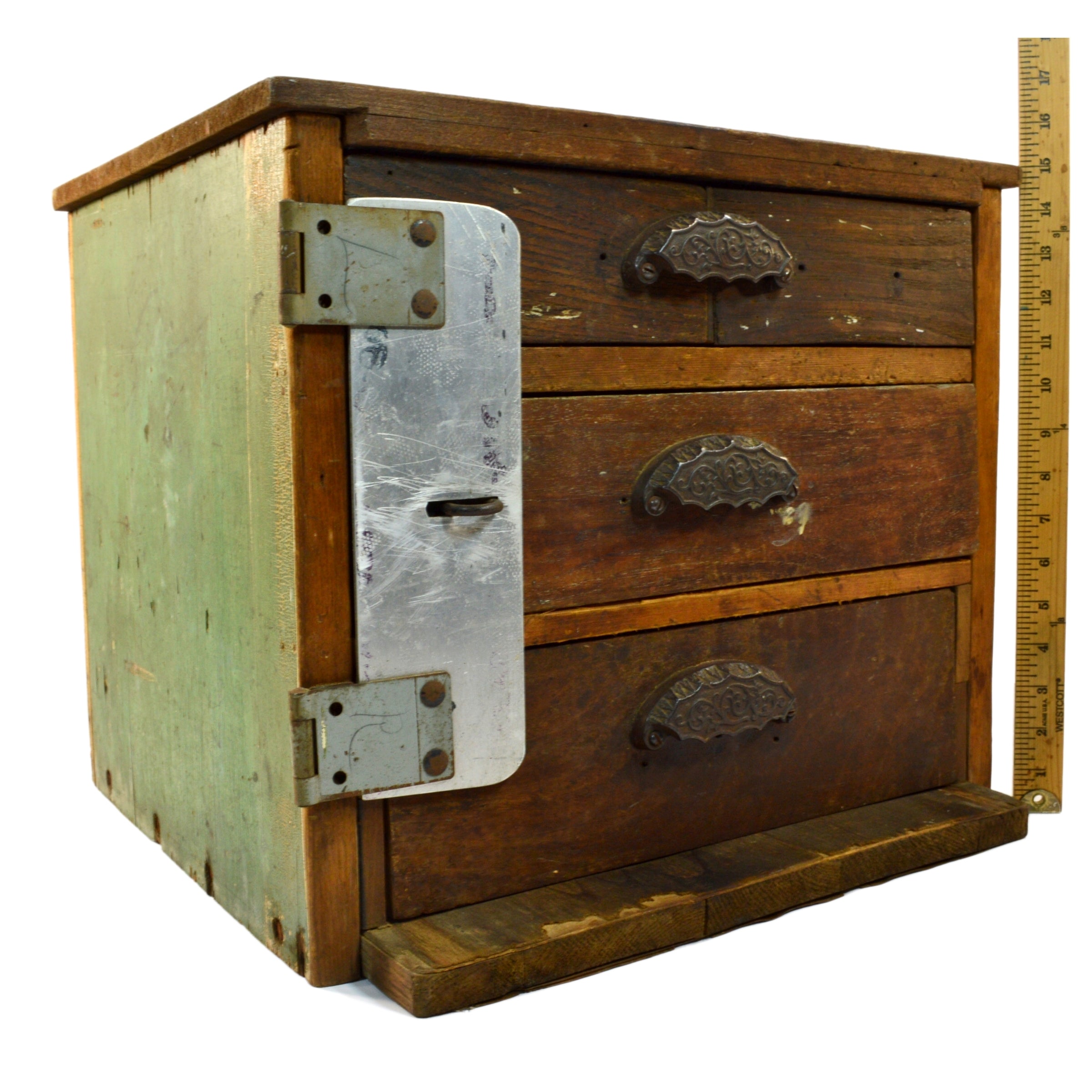 Antique Homemade 3 Drawer Cabinet with Unique Lock Plate - Vintage Green Paint Tool Chest for Workshop, Garage & Home Storage