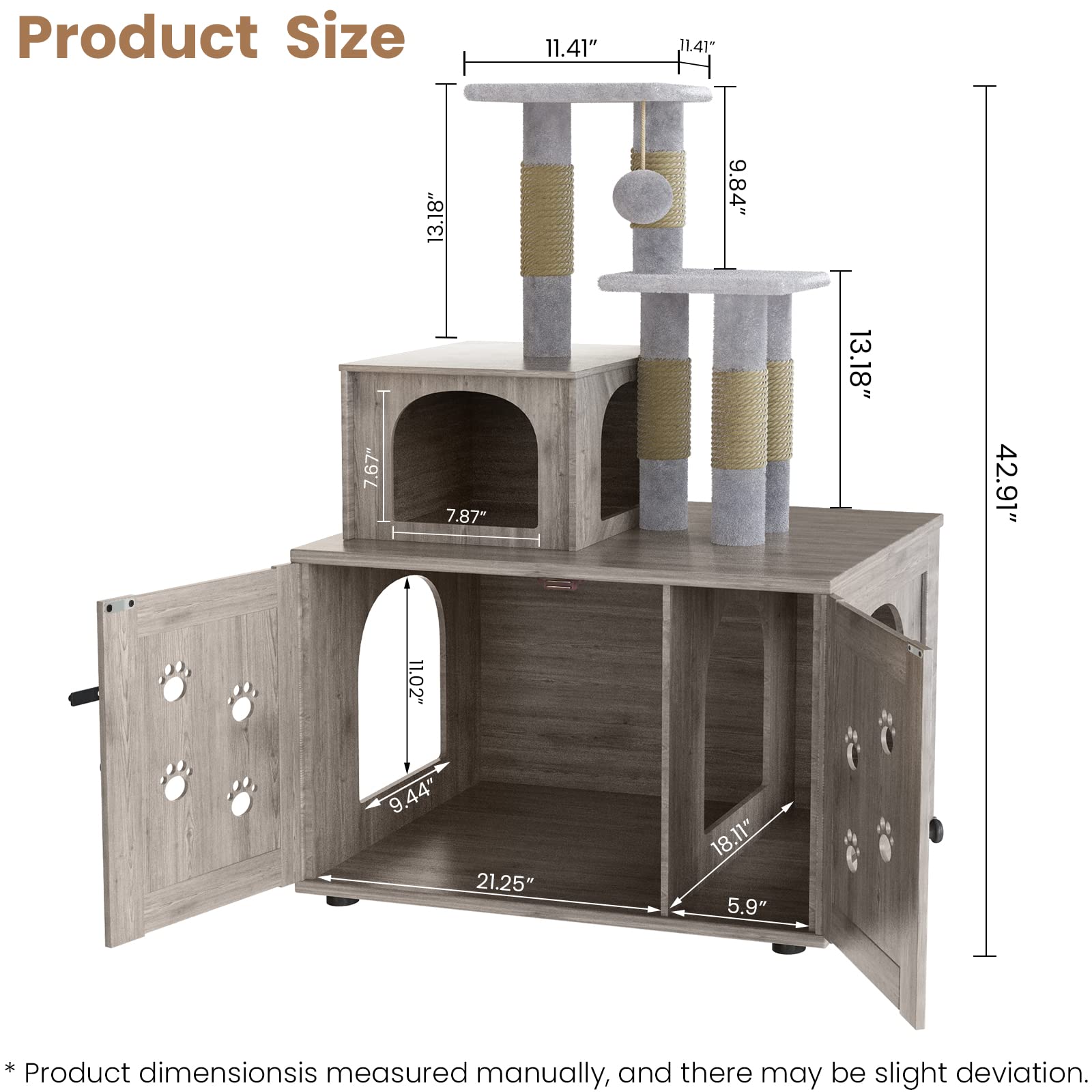 Recaceik Wooden Cat Litter Box Enclosure with Cat Tree & Scratching Post - Hidden Cat Washroom Furniture with Divider, Soft Plush Perch & Platform - Indoor Pet Cabinet for Small Spaces (Gray) - Perfect for Apartments & Multi-Cat Homes