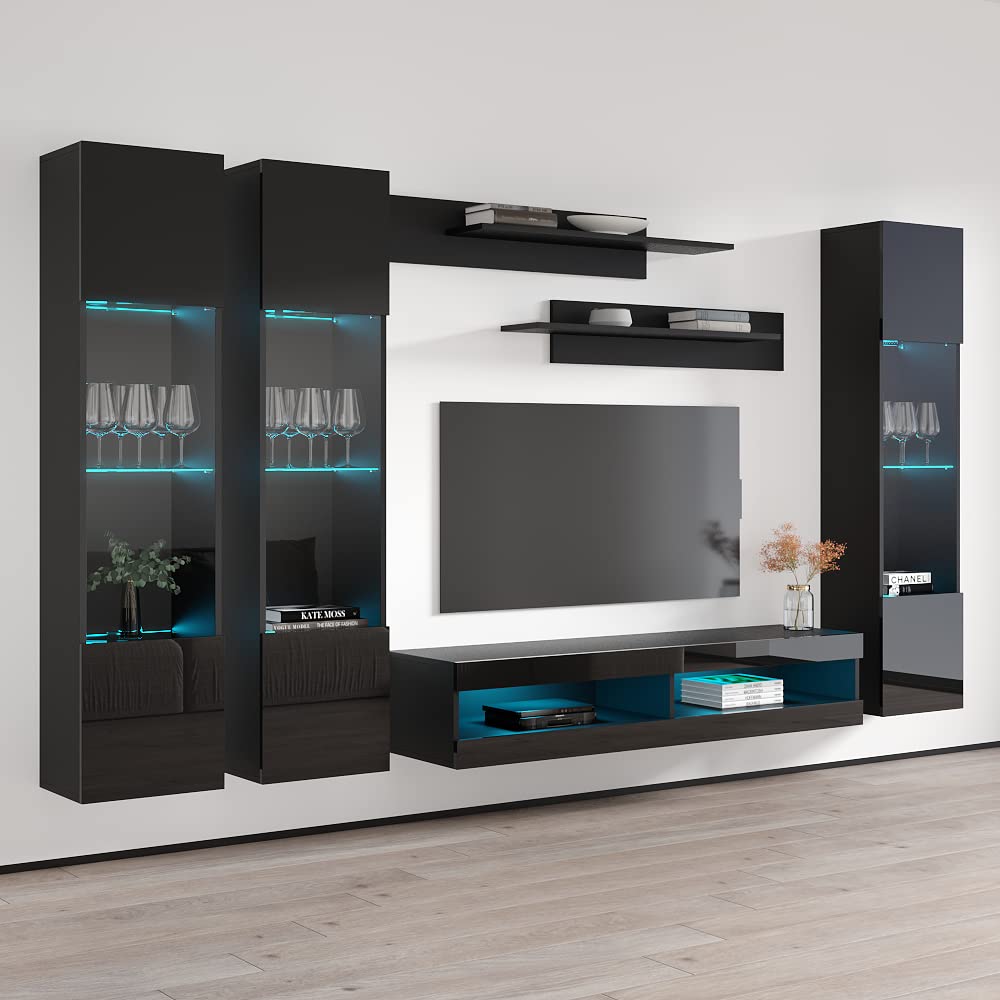 Modern Wall-Mounted TV Stand with Storage Shelves & LED Lights - 34