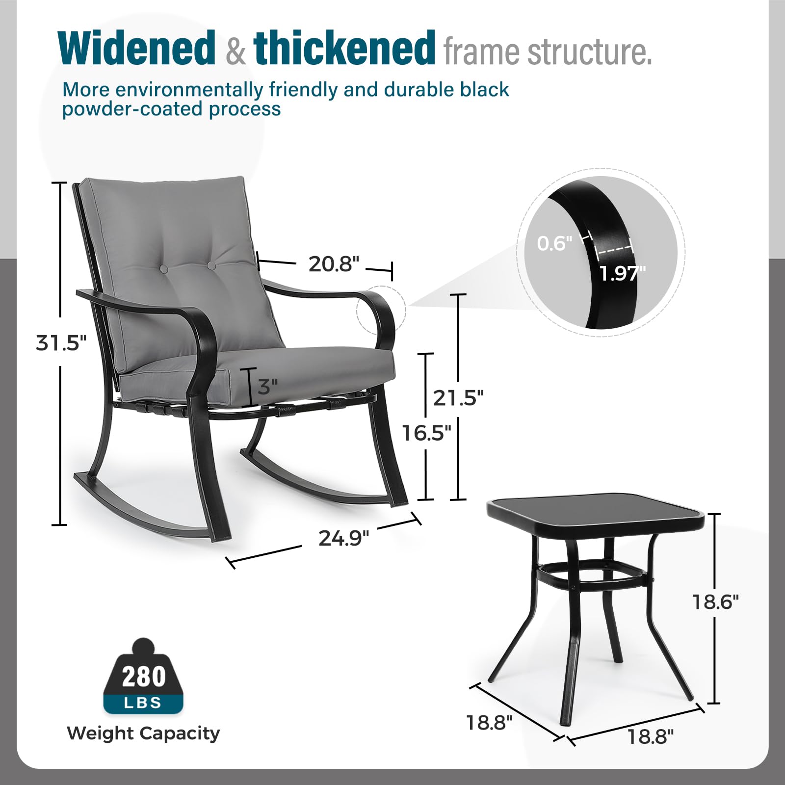 SOLAURA 3-Piece Outdoor Rocking Chair Set with Cushions - Black Iron Patio Bistro Furniture with Gray Thickened Cushions & Glass-Top Coffee Table - Perfect for Garden, Porch, Backyard and Poolside Relaxation