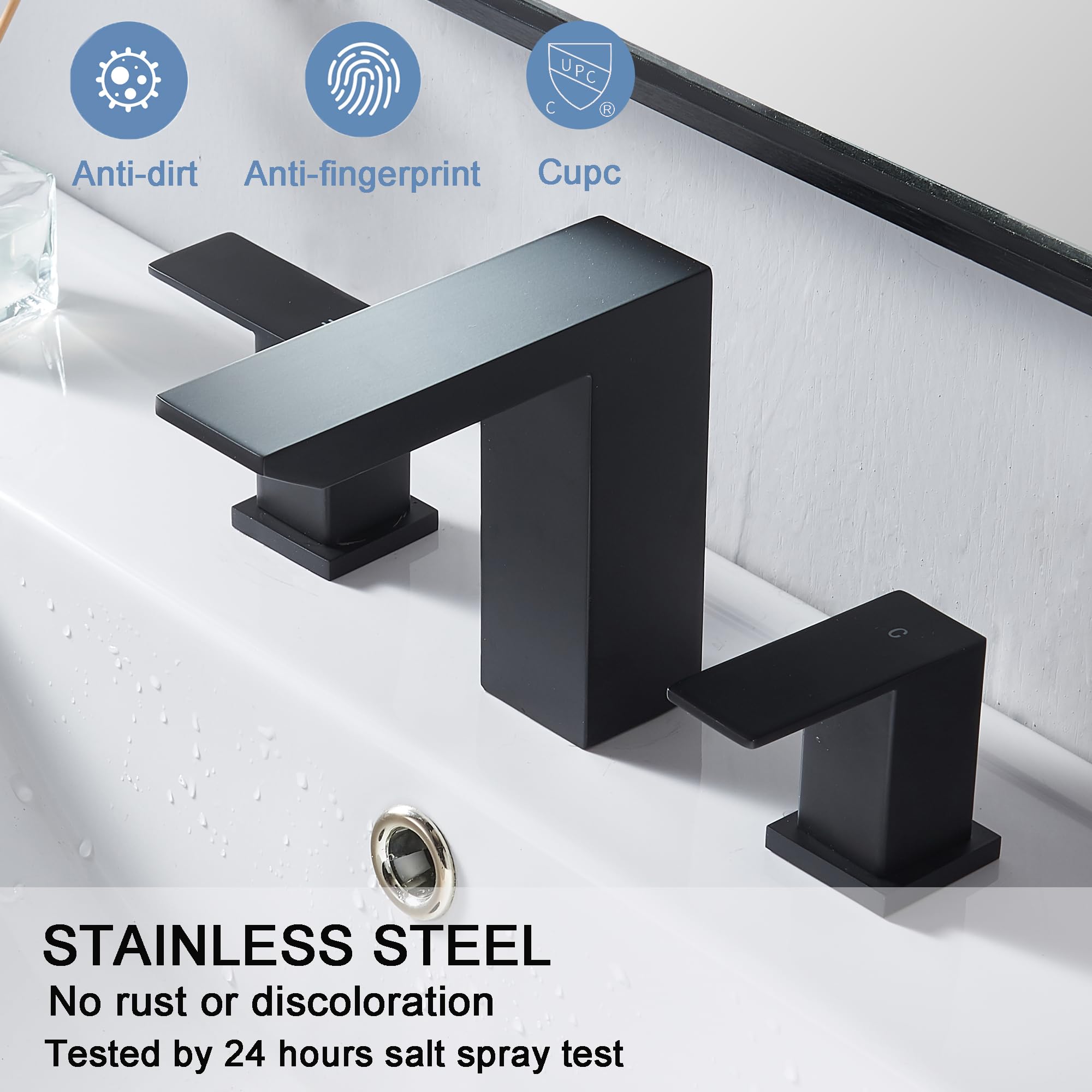 8 Inch Matte Black Widespread Bathroom Faucet - 3 Hole Waterfall Vanity Sink Faucet with Pop-Up Drain & Hoses | Perfect for Bathroom Vanity, RV, and Modern Home Decor