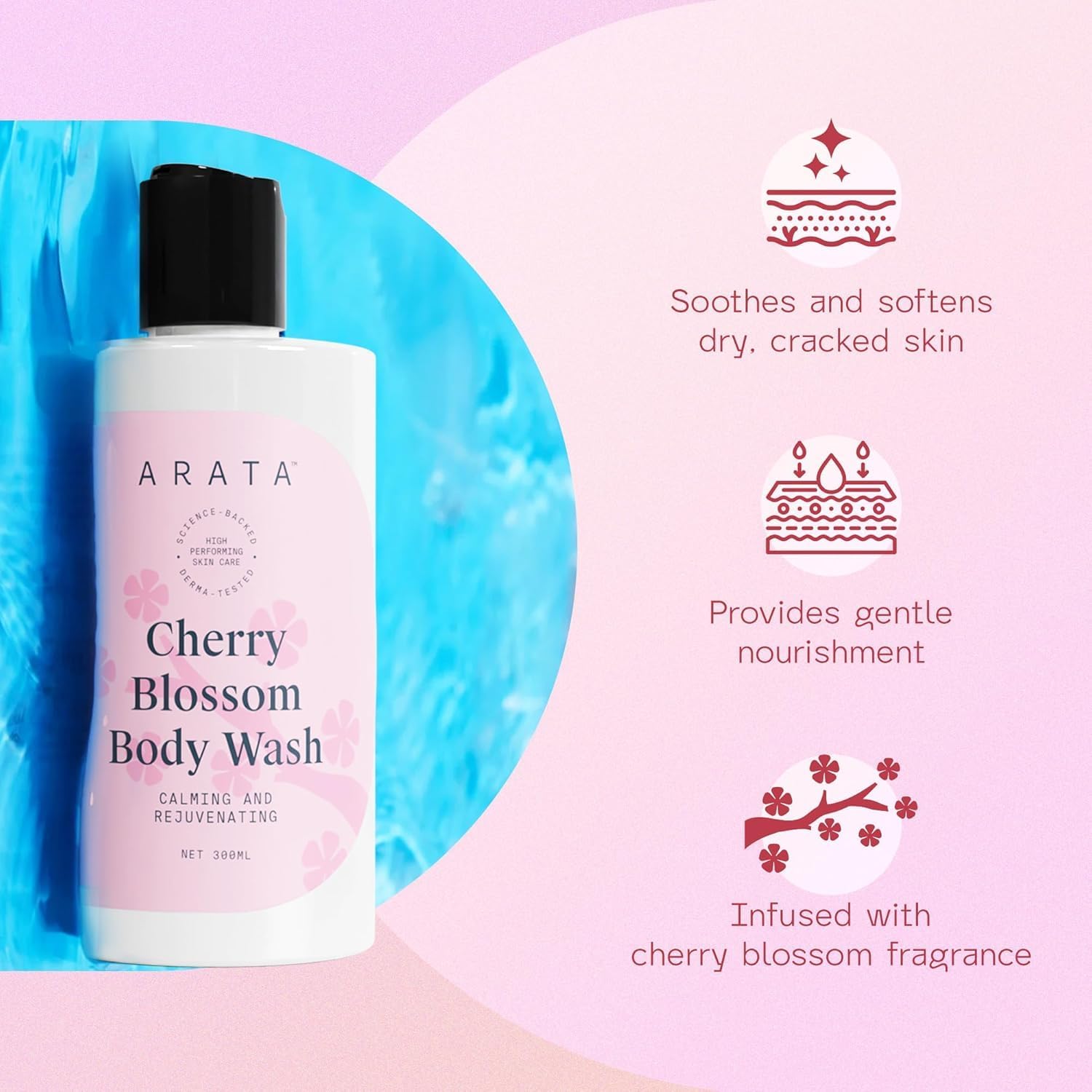 Araata Nourishing Cherry Blossom Body Wash for Men & Women - 300ml | Vegan, Cruelty-Free & Natural Formula | Gentle Daily Cleanser for Dry & Sensitive Skin | Perfect for Shower, Spa & Relaxation