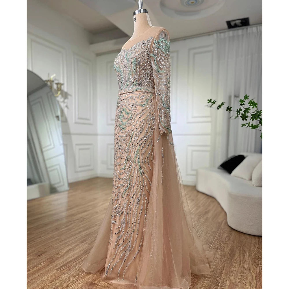 Elegant Muslim Mermaid Evening Gown with Beaded Overskirt & High Slit - Long Formal Dress for Women - Wedding, Prom, Gala & Special Occasions - Serene Hill Collection LA71995
