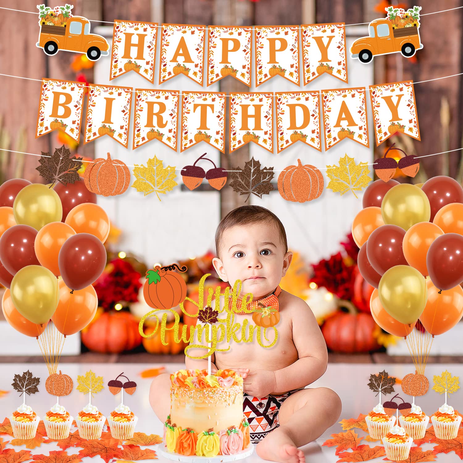 K KUMEED Fall Party Decorations - Little Pumpkin Banner, Maple Leaves Cake Topper & Latex Balloons for Baby Shower, Birthday, Thanksgiving | Autumn Theme Party Supplies for Home & Outdoor Decor