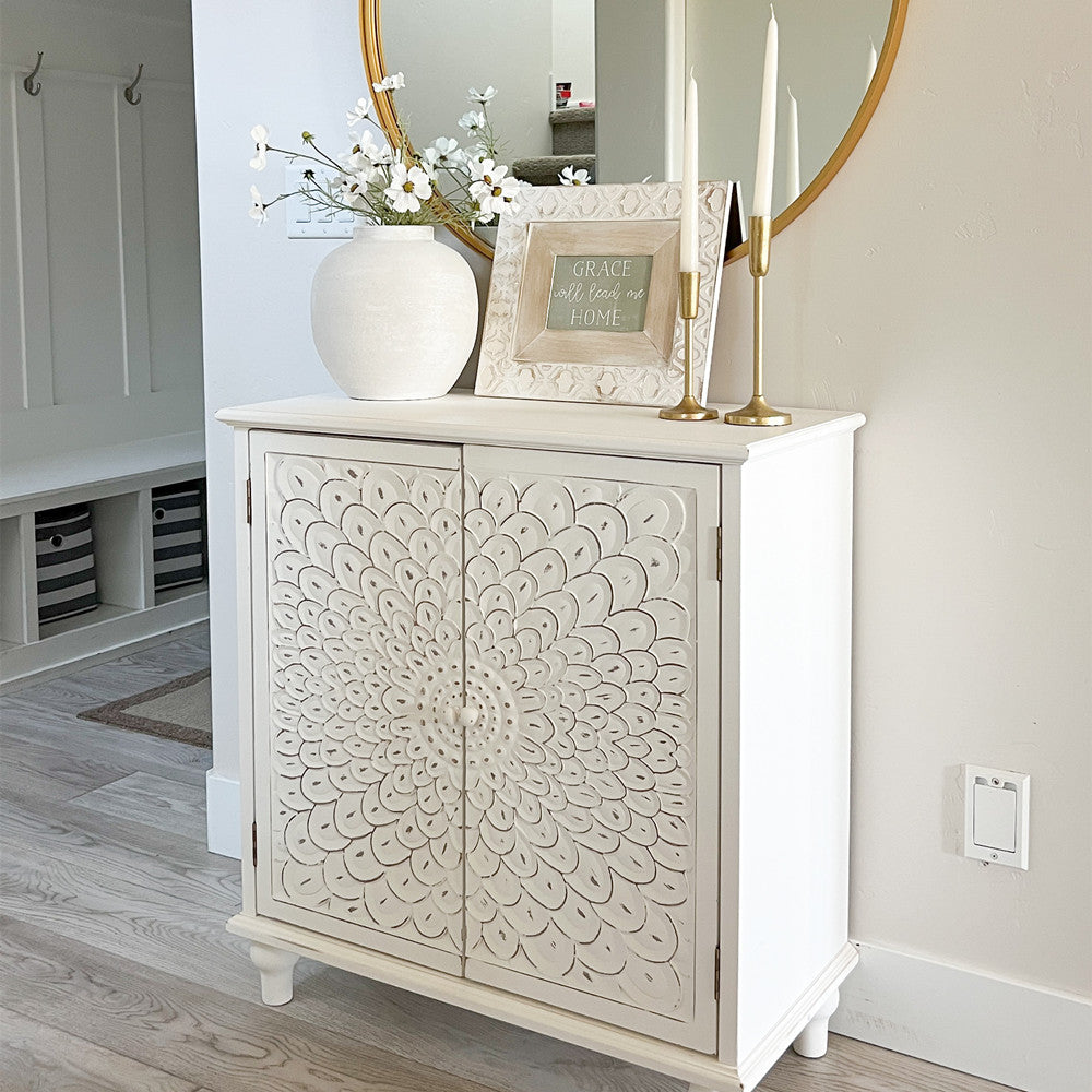 Sunflower Carved Accent Cabinet & Chest of Drawers - Vintage Floral Storage Furniture for Bedroom, Living Room, or Entryway | MFSTUDIO