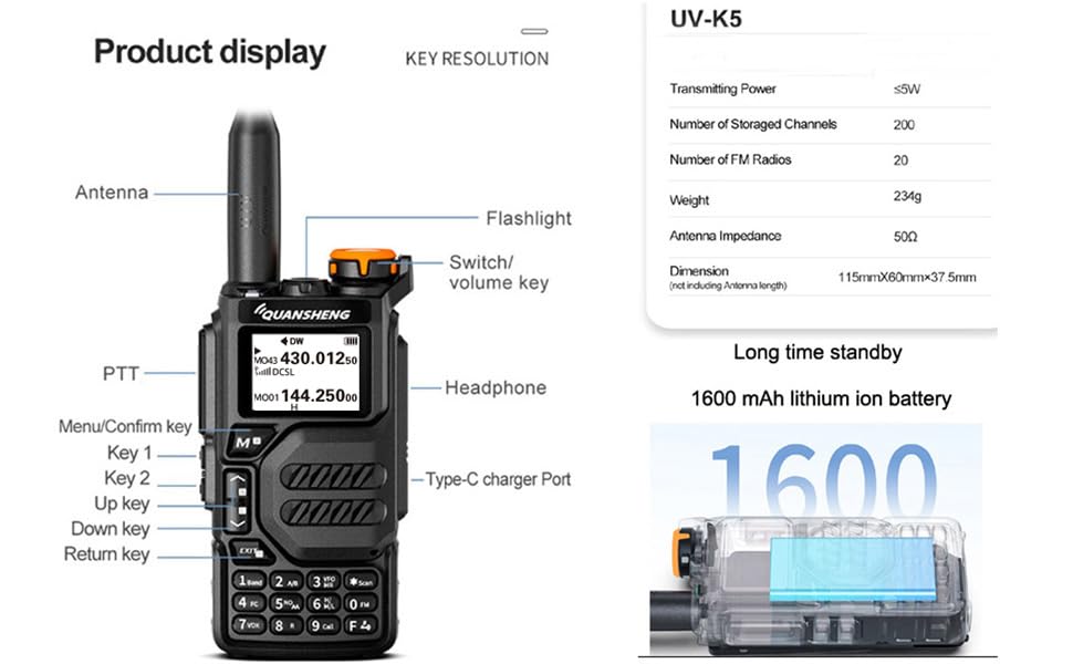 UV-K5 Dual-Band UHF/VHF 5W FM Two-Way Radio Walkie Talkie (2 Pack) - Portable Rechargeable Handheld Transceiver for Camping, Hiking, Outdoor Adventures and Emergency Communication