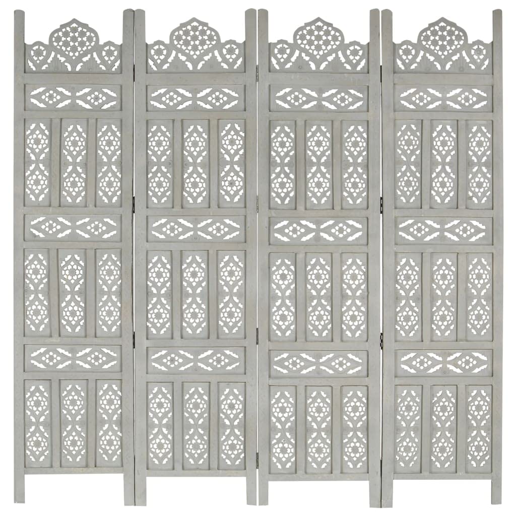 Sywamol 4-Panel Folding Room Divider - Hand Carved Solid Mango Wood, Free-Standing Privacy Screen (63