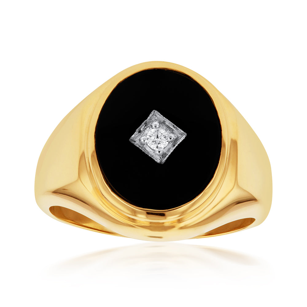 9ct Yellow Gold Black Onyx and Diamond Men's Ring - Elegant Jewelry for Weddings, Anniversaries & Special Occasions