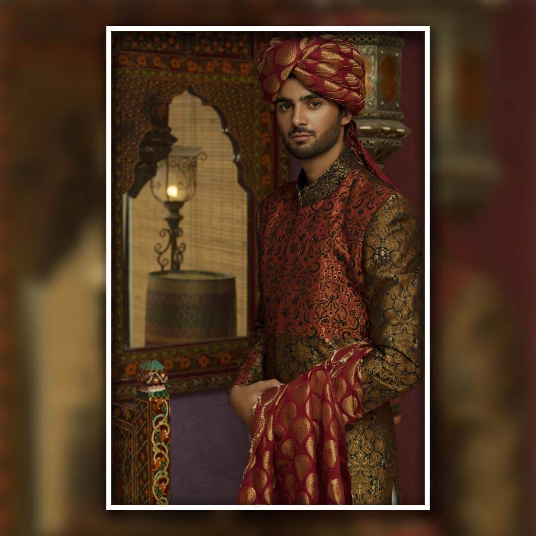 Hand Dyed Handwoven Brocade Sherwani for Men - Premium Indian Wedding Attire & Ceremonial Outfit - Perfect for Weddings, Festivals, and Special Occasions