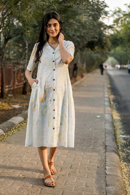 Sootisyahi 'Mystic Flow' Handmade Marble Printed 100% Pure Cotton Maxi Dress for Women - Boho Chic Summer Beach Vacation & Casual Outfit
