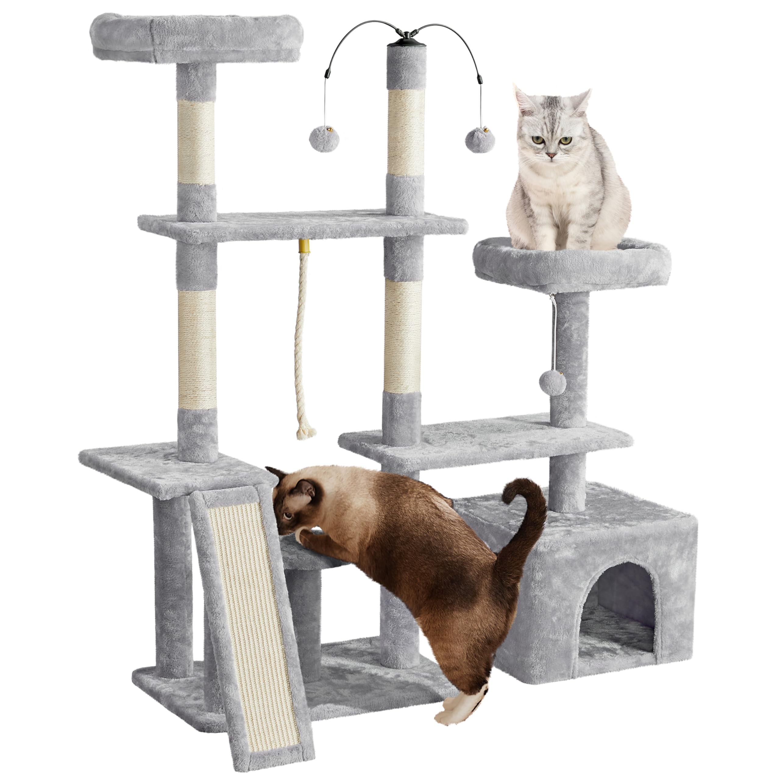Yaheetech 53.5in Rotatable Cat Tree Tower for Indoor Cats - Multi-Level Climbing House with Scratching Posts, Cat Furniture Play Center in Light Gray - Perfect for Small Spaces & Playful Kittens
