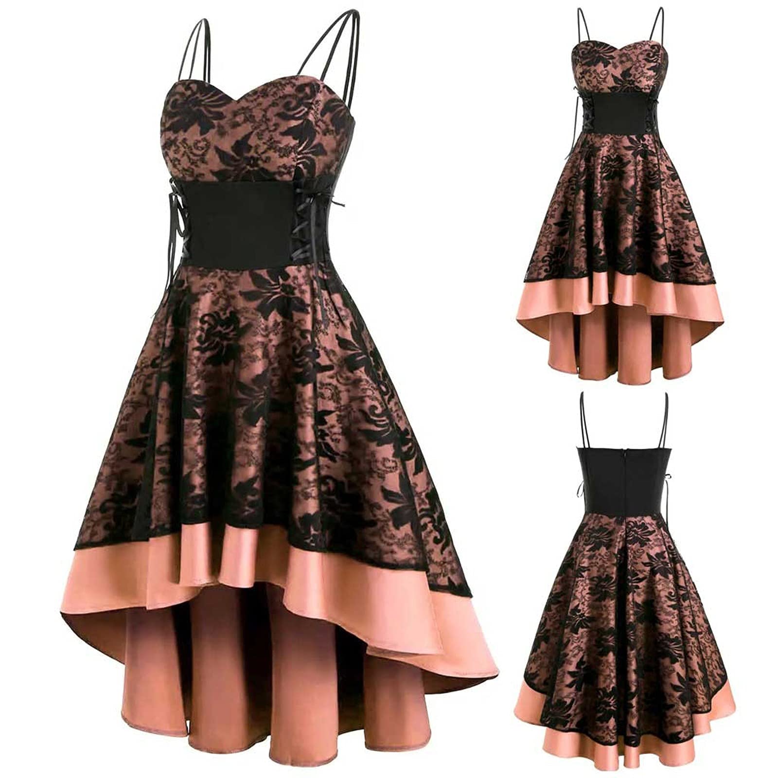 Gothic Punk Dresses for Women - Pleated Cami Midi Dress with Drawstring Waist & Lace Spaghetti Straps | Perfect for Concerts, Halloween, and Alternative Fashion Outfits