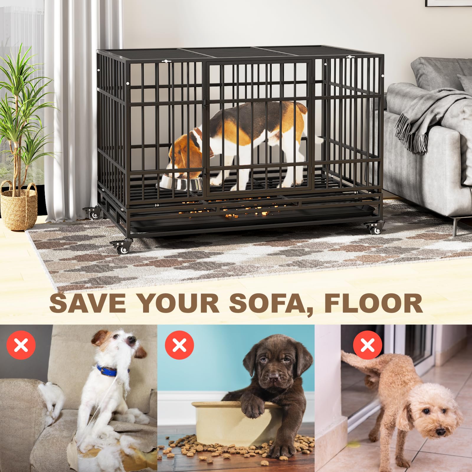 48 Inch Heavy Duty Dog Crate for Large Dogs - Escape Proof Steel Dog Cage with Self-Locking Latch & 4 Lockable Wheels - Indoor Dog Kennel for High Anxiety Pets - Easy to Clean Black Pet Crate - Perfect for Home, Travel, and Vet Visits