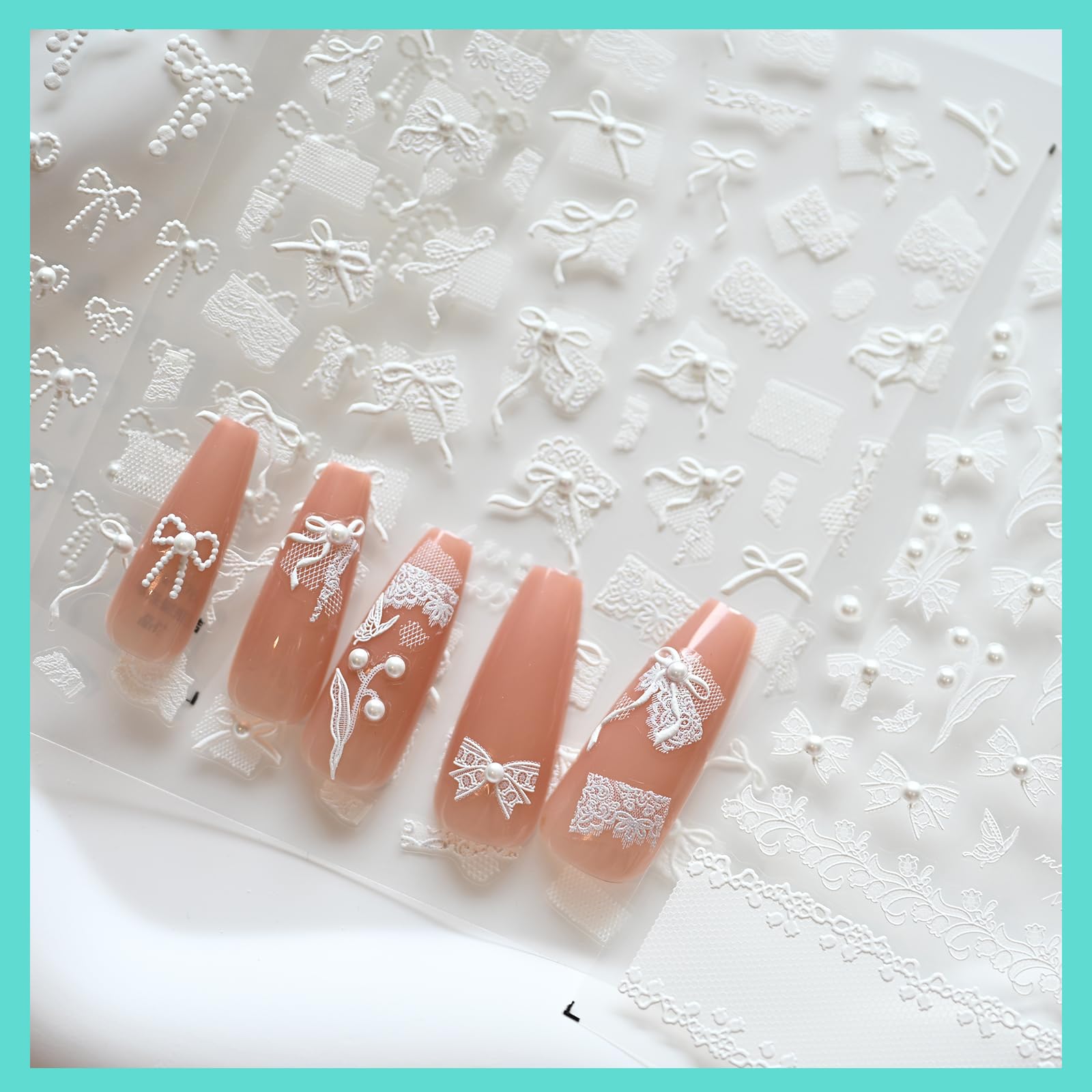 White Bow Ribbon Nail Art Stickers with Pearl Lace Rhinestones - Self-Adhesive Nail Decals for Women, Embossed Nail Design Accessories (3 Sheets) - Perfect for Bridal, Party & Salon Nail Art