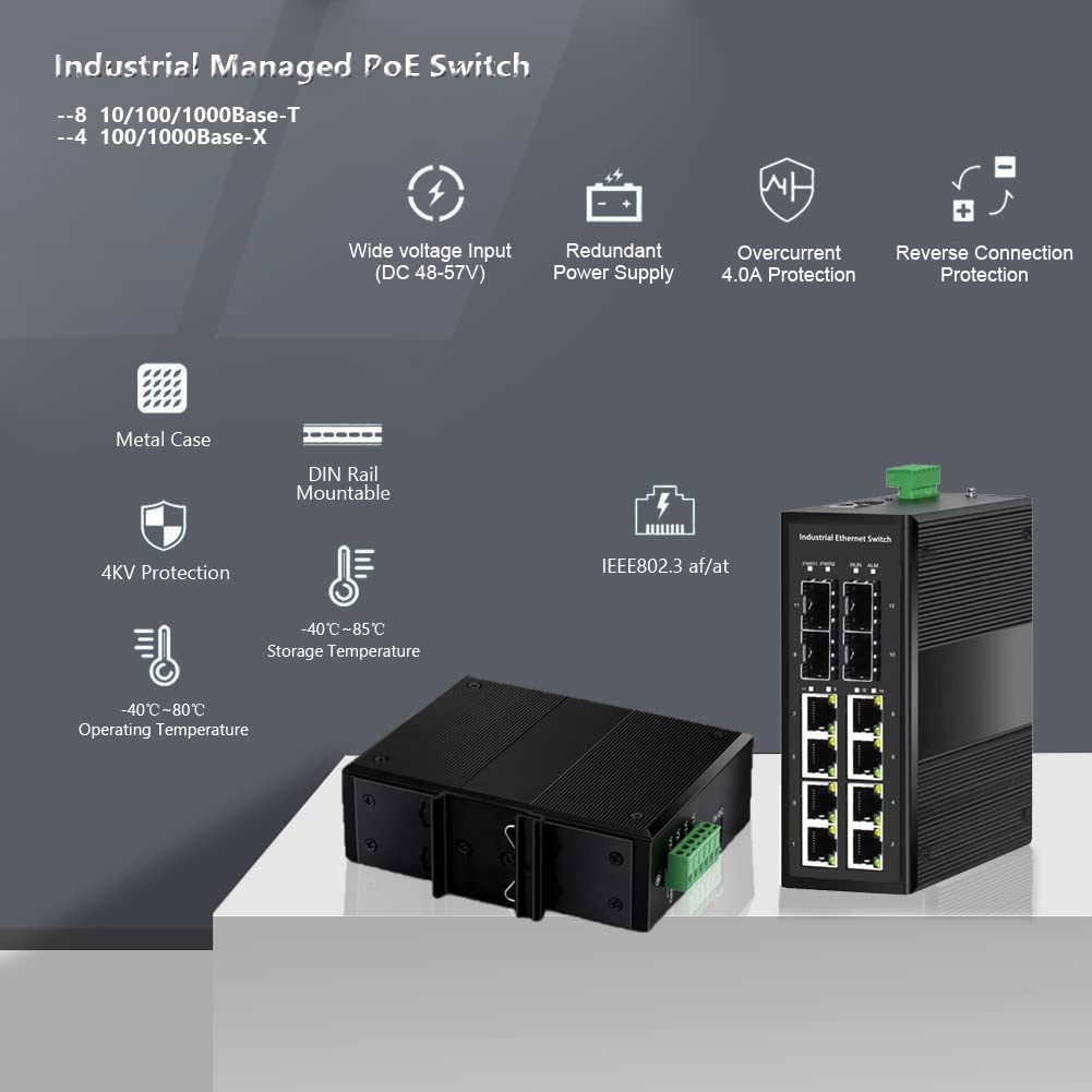 8-Port Industrial Gigabit Managed PoE Switch with 4 SFP Slots | 10/100/1000Mbps Web Management DIN Rail Network Switch | Supports Ring Network, VLAN, STP, LACP, QoS | Ideal for Factory Automation, Security Systems & Outdoor Networking