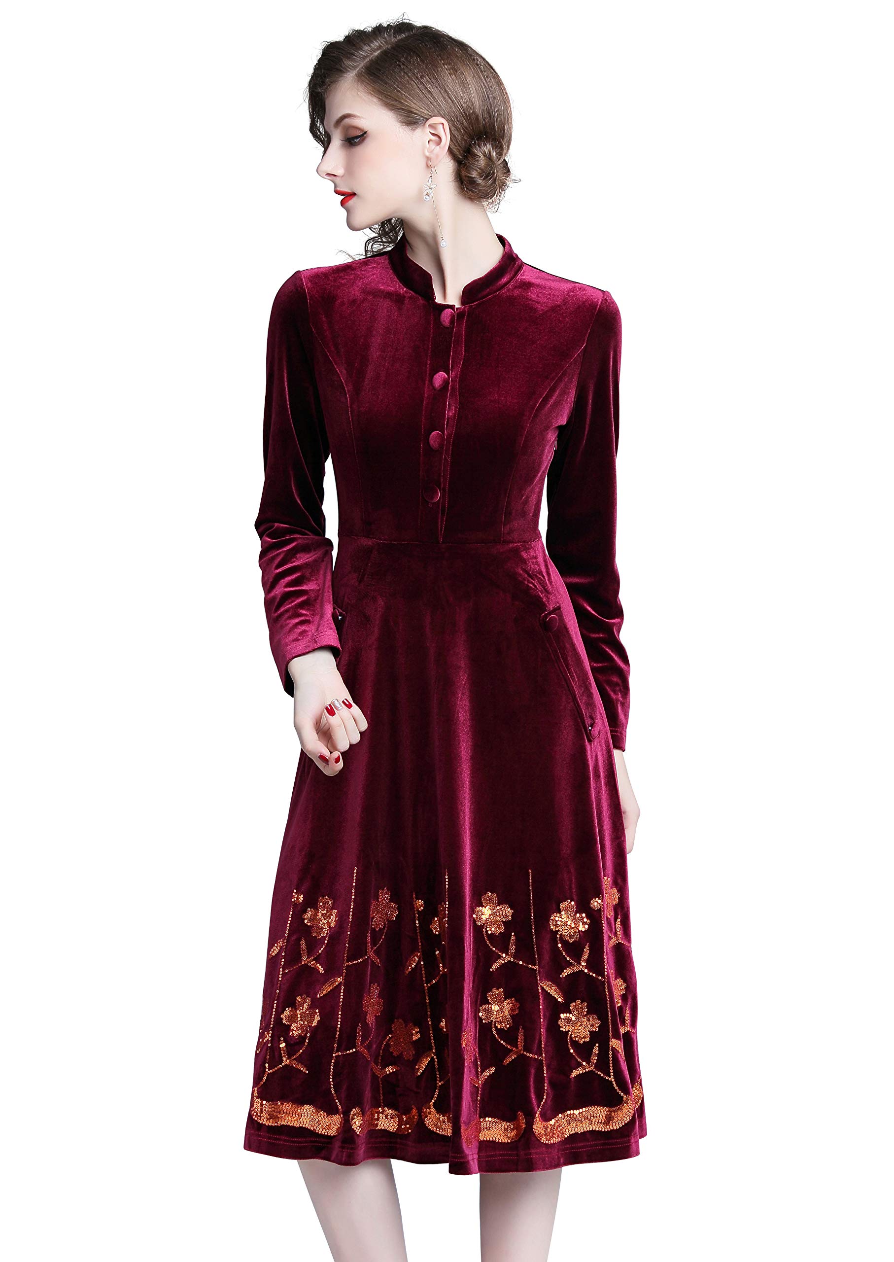 Elegant Women's Velvet Floral Sequin Embellished Cocktail Party Midi Dress with Pockets - Perfect for Evening Events, Weddings & Holiday Parties