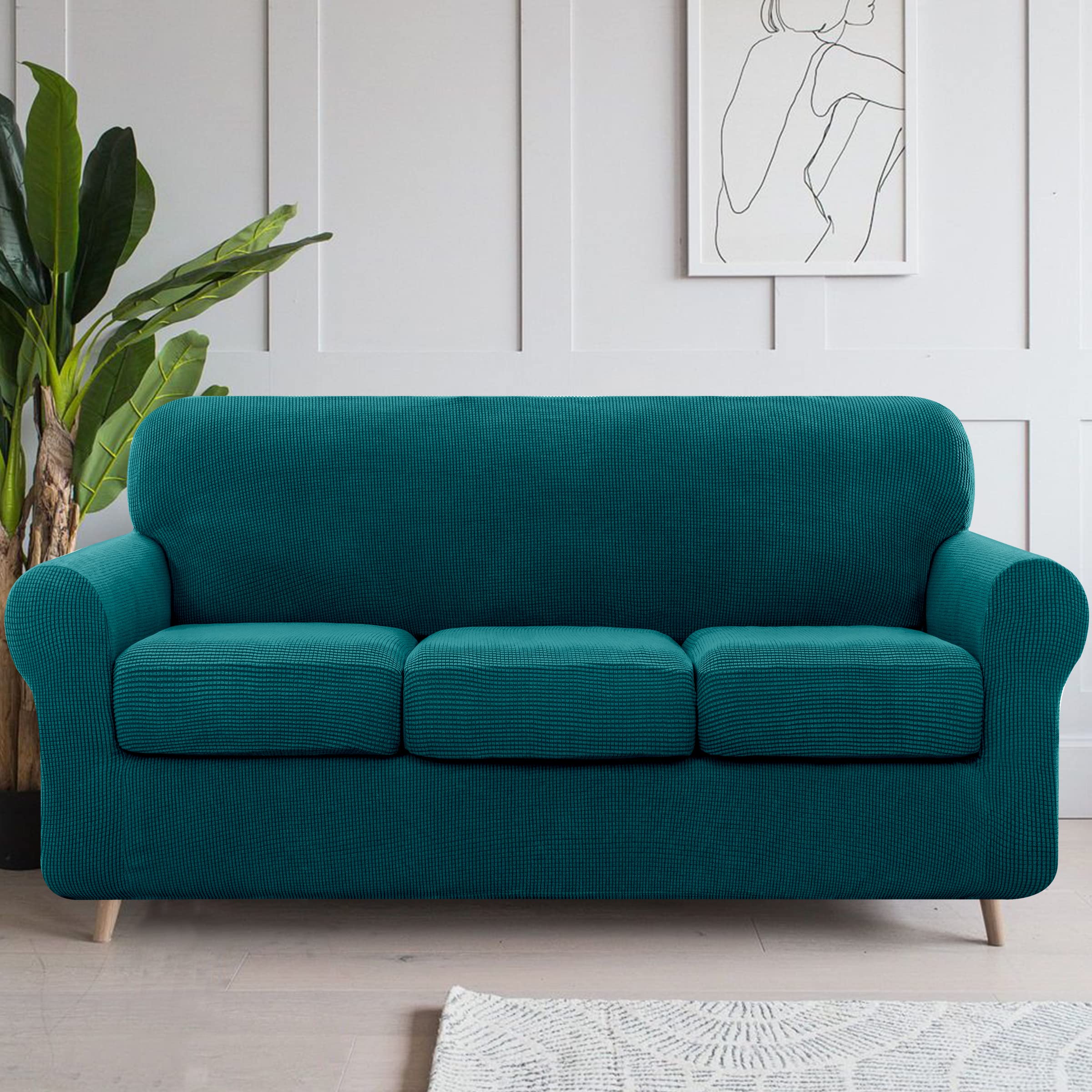 SUBRTEX Sofa Slipcover with Separate Cushion Covers - Stretchable 2/3 Seater Couch Protector for Pets & Kids (Medium/Large, Turquoise) - Perfect for Living Room Furniture Protection & Home Decor