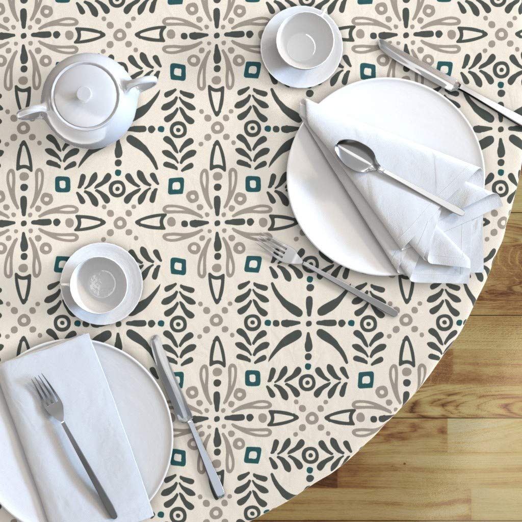 Custom Moroccan Mint Earth Tiles Teal Black Floral Print Cotton Sateen Tablecloth - 70 Inch Round Dining Table Cover for Parties, Weddings & Home Decor