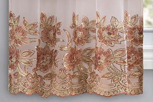 Linen 3-Piece Embroidered Window Curtain Set with Valance & Tiers - Blush Pink Kitchen, Living Room & Bathroom Curtains for Farmhouse & Boho Decor