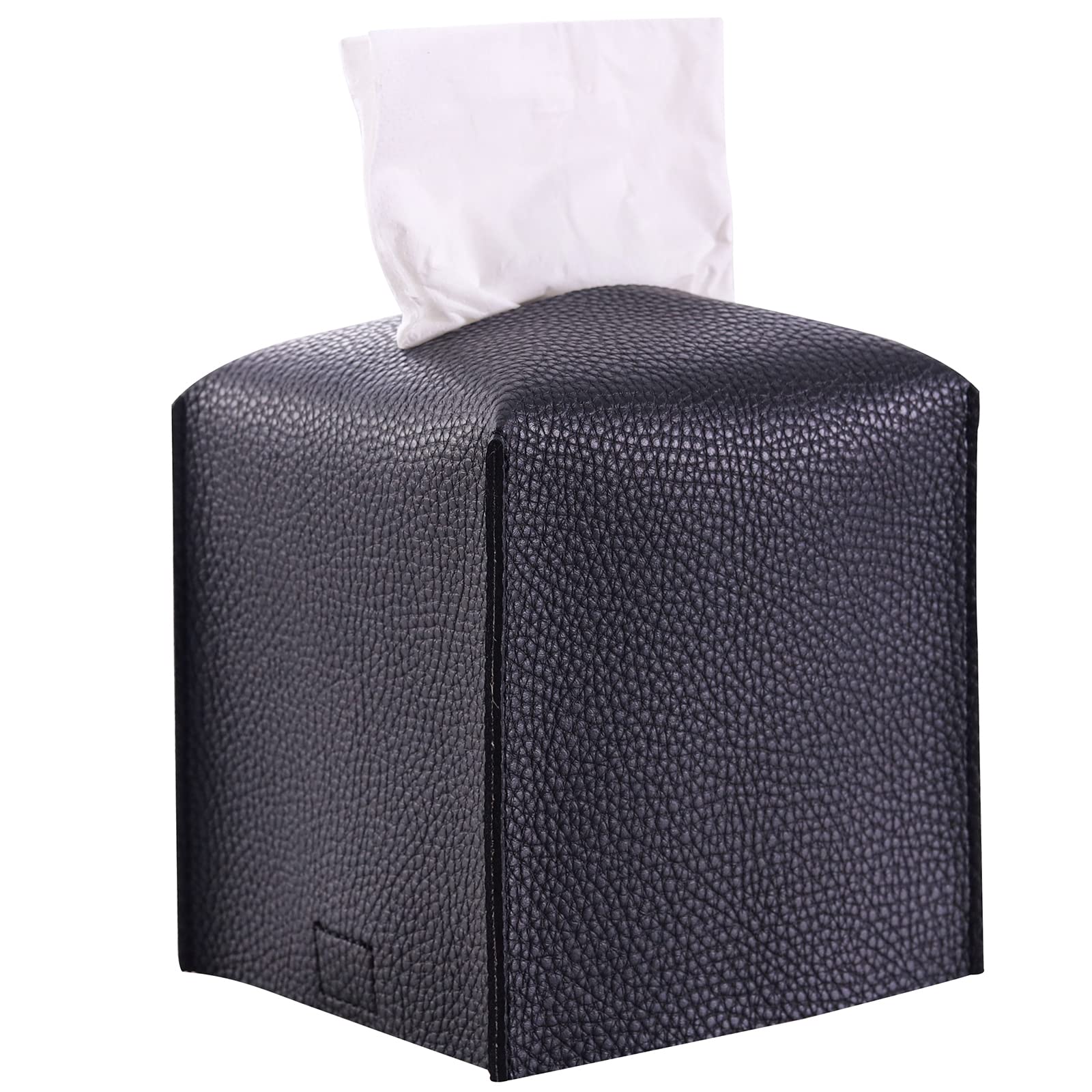 NIENIE Square PU Leather Tissue Box Cover Holder - Decorative Black Paper Facial Tissue Case Dispenser for Vanity Countertop, Nightstand, Office Desk & Car (5x5x5 Inches) | Home Decor & Organization Accessory