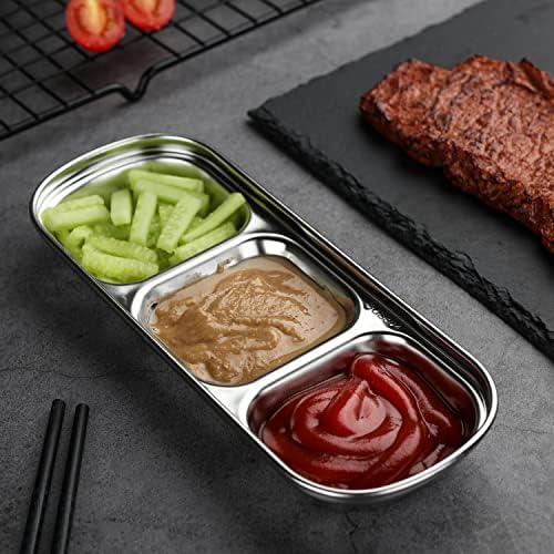 3-Piece Stainless Steel Divided Sauce Bowls - 3 Grid Dipping Dishes for Soy Sauce, Ketchup, Seasoning & Sushi | Perfect for Restaurants, Sushi Bars, Home Kitchens & Party Platters