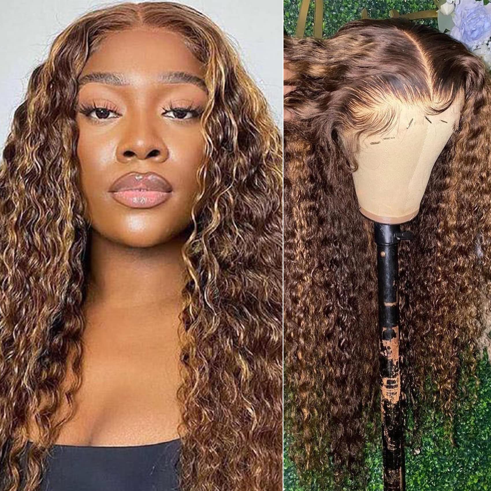 26 Inch Honey Blonde Ombre Highlight Lace Front Wig - 180% Density Human Hair with 13x4 Transparent Lace - Water Wave Style for Women | Perfect for Daily Wear, Cosplay, Parties & Special Occasions