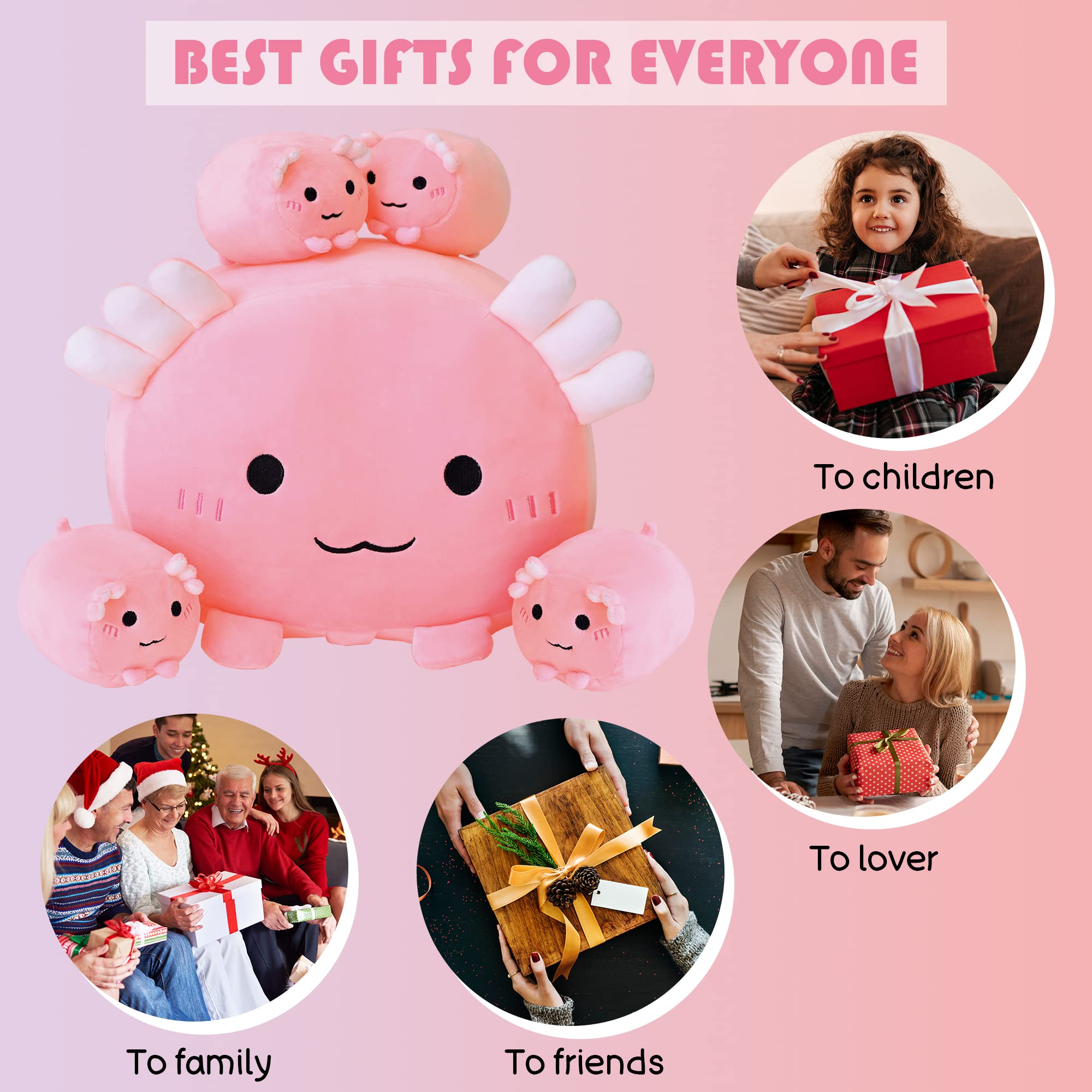SQEQE Axolotl Plush Stuffed Animal Toy - Adorable Pink Salamander Pillow with 4 Baby Axolotls in Tummy, Perfect Gift for Girls & Kids | Cute Nursery Decor, Birthday Present, Comfort Toy for Bedtime & Playtime
