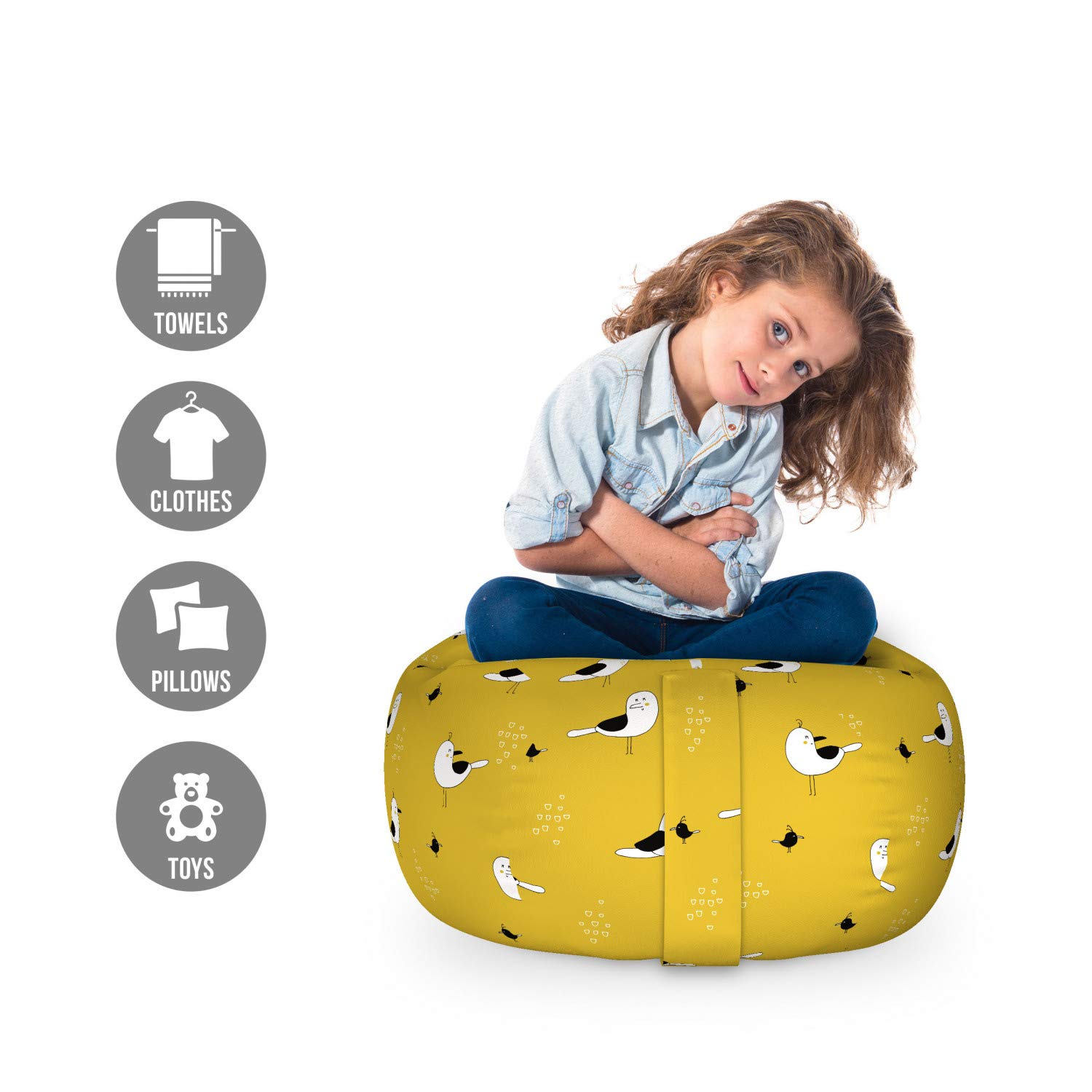 Ambesonne Bird-Themed Toy Storage Bag Chair - Seagull Cartoon Design, Washable Stuffed Animal Organizer for Kids Playroom - Small Size in Yellow & Grey - Perfect for Organizing Toys, Books, and Plushies in Bedrooms or Play Areas