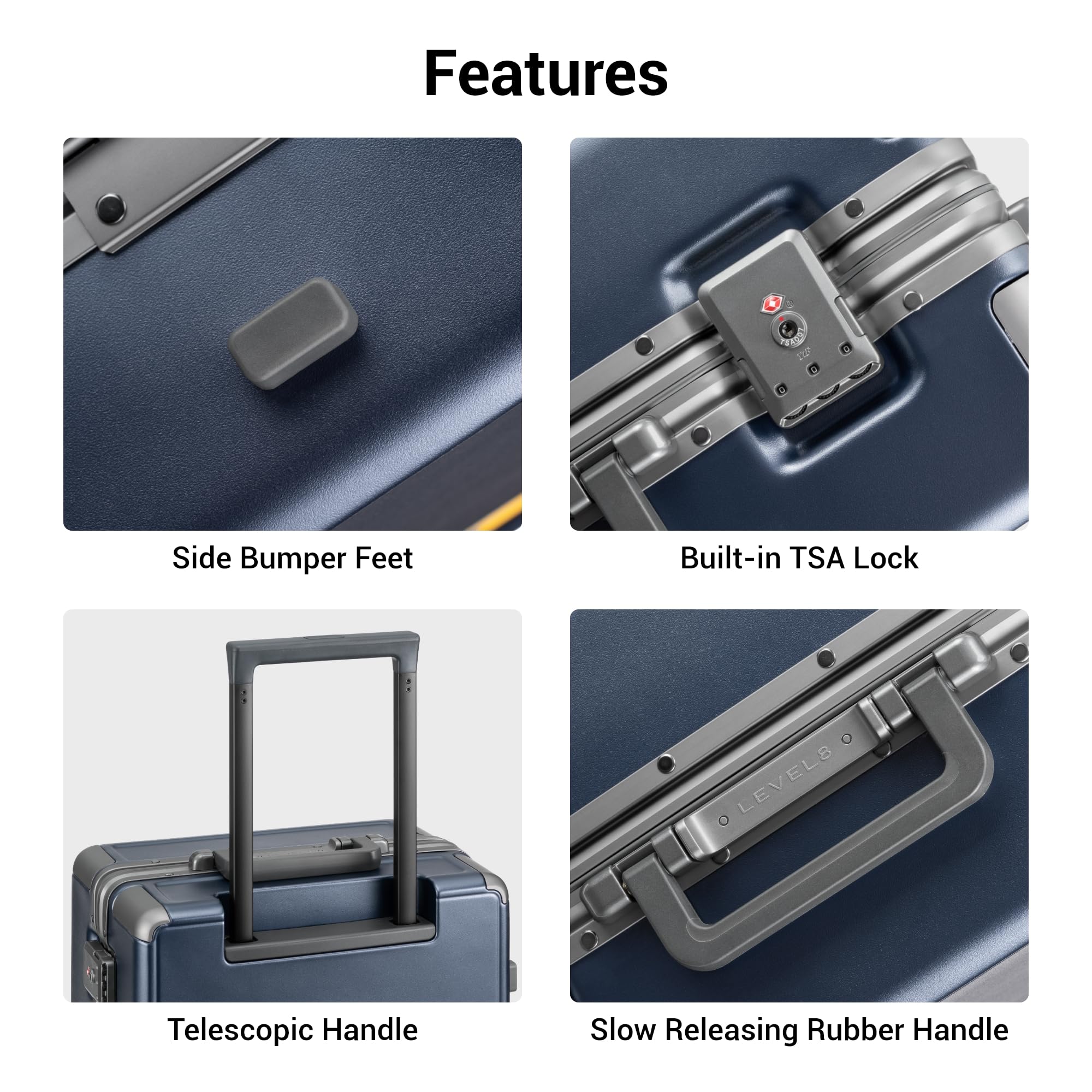 **LEVEL8 20 Inch Carry On Luggage - Airline Approved Lightweight Hard Shell Spinner Suitcase with Aluminum Frame, Zipperless Design & Double TSA Locks (Blue) - Perfect for Business Travel & Weekend Getaways**
