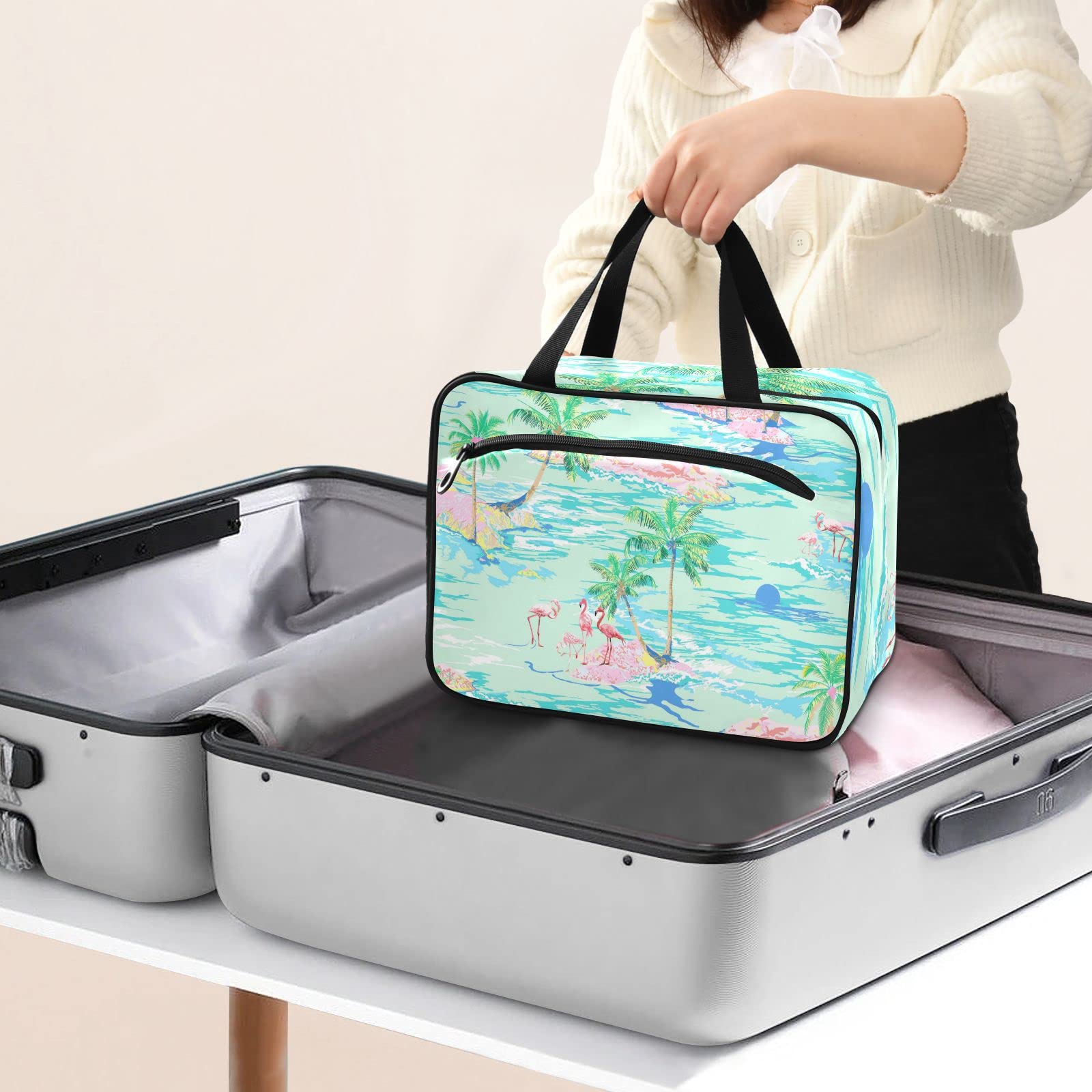 Flamingo Island Large Travel Toiletry Bag for Women - Waterproof Hanging Cosmetic Organizer with Multiple Pockets | Perfect for Vacation, Gym, Camping & Business Trips