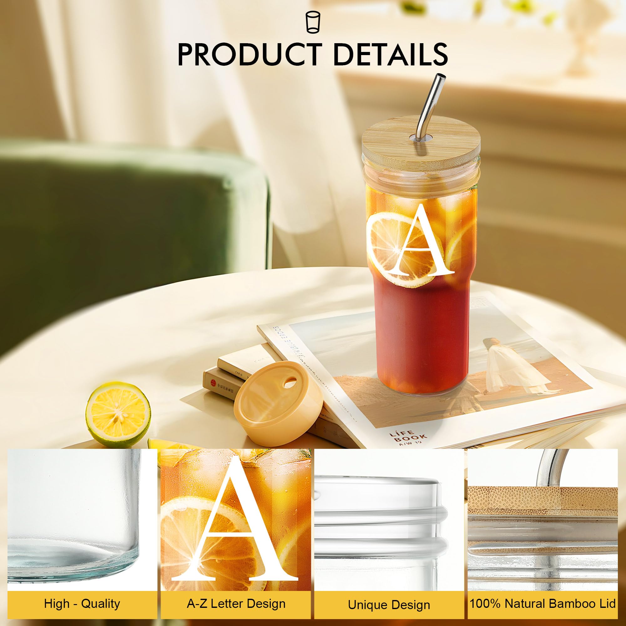 Personalized 24oz Glass Coffee Cups with Lids & Straws - Custom Initial Iced Coffee Tumblers, Reusable Cold Drink Cups for Women - Perfect Birthday Gift for Coffee Lovers, Office Use & Summer Beverages