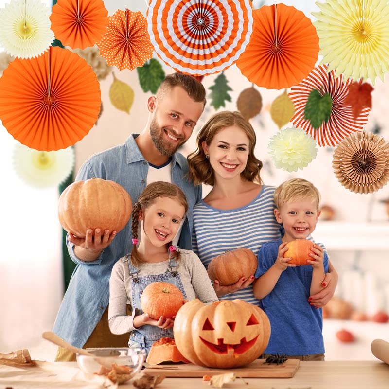 Easy Joy 14-Piece Fall Party Decorations Set - Orange Hanging Paper Fans, Autumn Pom Poms, Paper Lanterns & Maple Leaf Garlands for Thanksgiving, Halloween, Birthday Decorations | Perfect for Home, Classroom & Party Decor