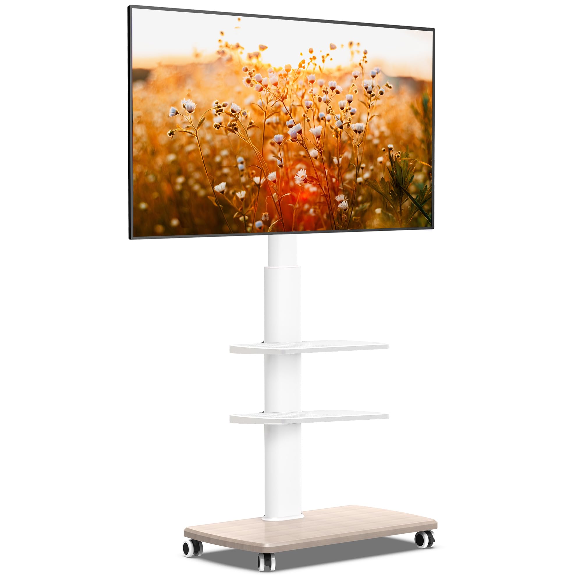 FITUEYES Mobile TV Stand with Wheels for 32-65 Inch Flat Screen TVs - Adjustable Height Swivel TV Cart for Living Room, Bedroom, Office, Dorm | Easy Rolling TV Stand for Corner Spaces & Small Rooms (White)