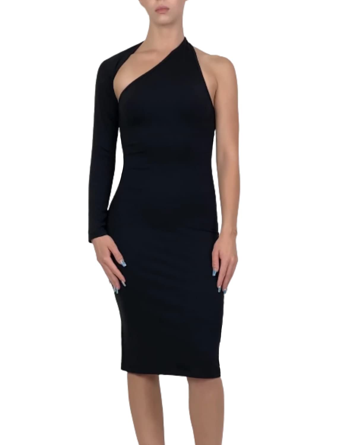 Unbound Classic Black Midi Dress for Women | One Shoulder Bodycon Cocktail Dress | Perfect for Evening Parties, Date Nights & Special Occasions
