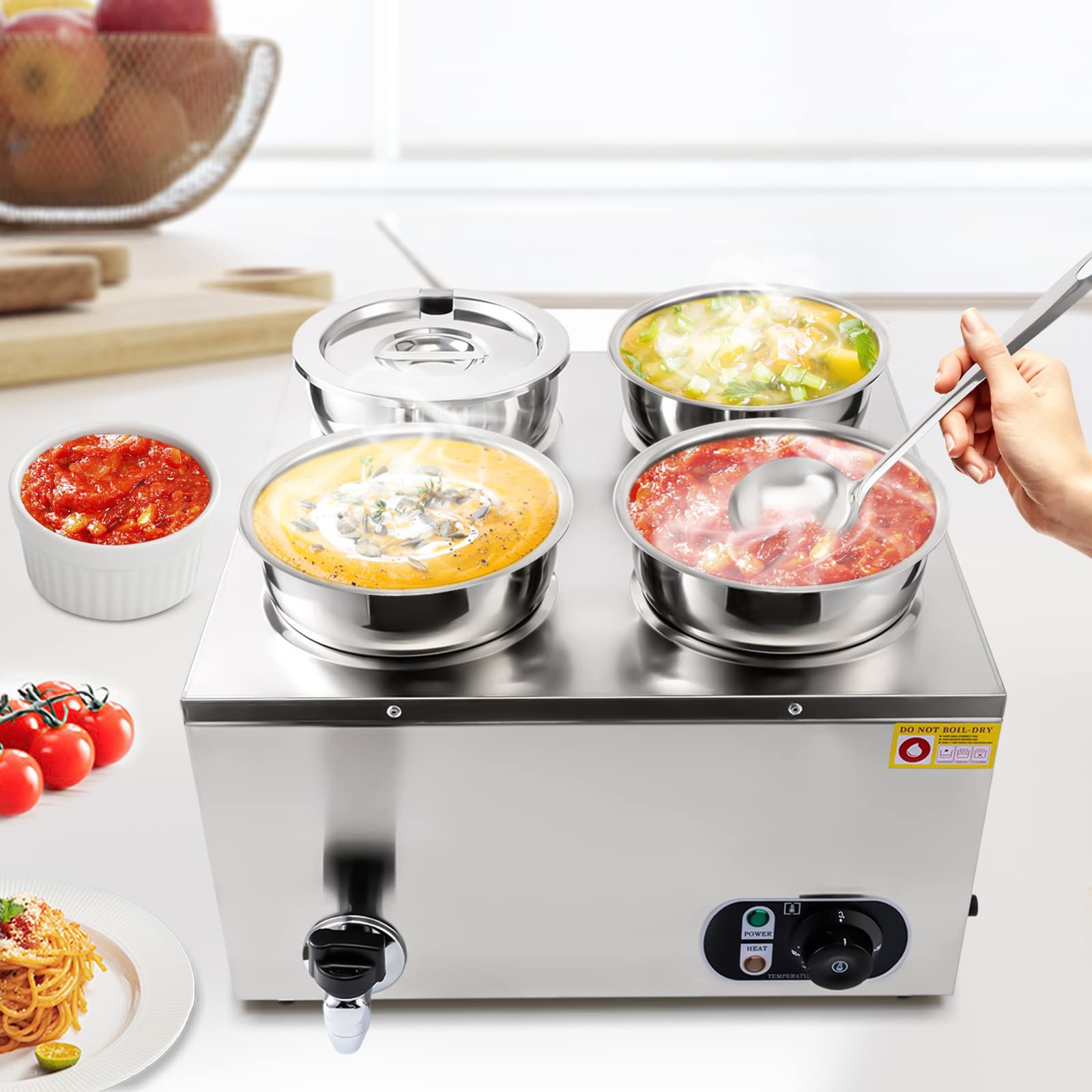 110V Commercial Food Warmer with 16.8 Qt Capacity - Adjustable Temperature 86-185℉ Stainless Steel Countertop Soup Warmer with Tap - Perfect for Restaurants, Cafes & Catering - Ideal for Keeping Cheese, Hot Dogs, Rice & Soups Warm