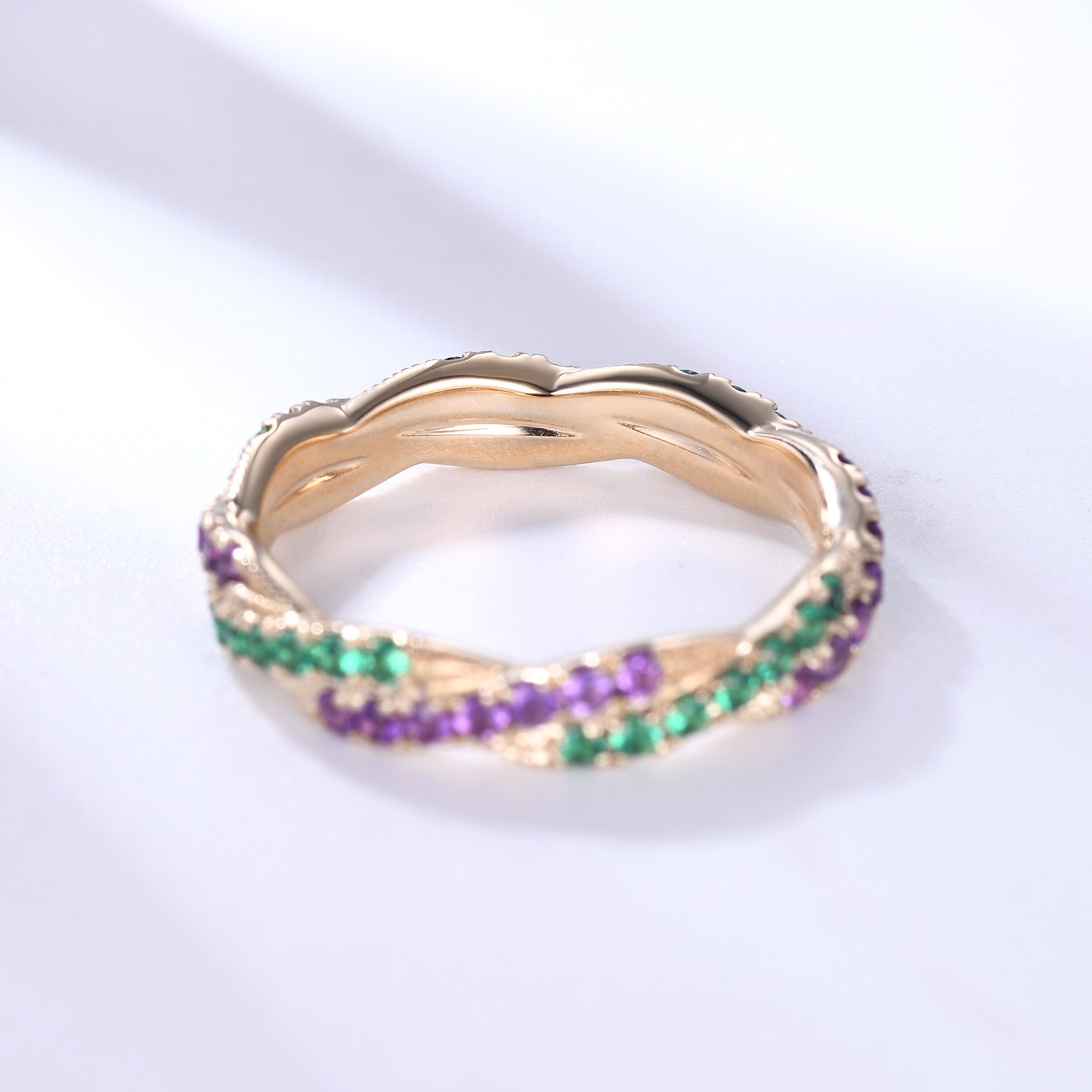 Twisted Emerald Amethyst Yellow Gold Wedding Band - Full Eternity Ring for Women | Elegant Bridal Jewelry, Anniversary Gift, Romantic Occasion Present