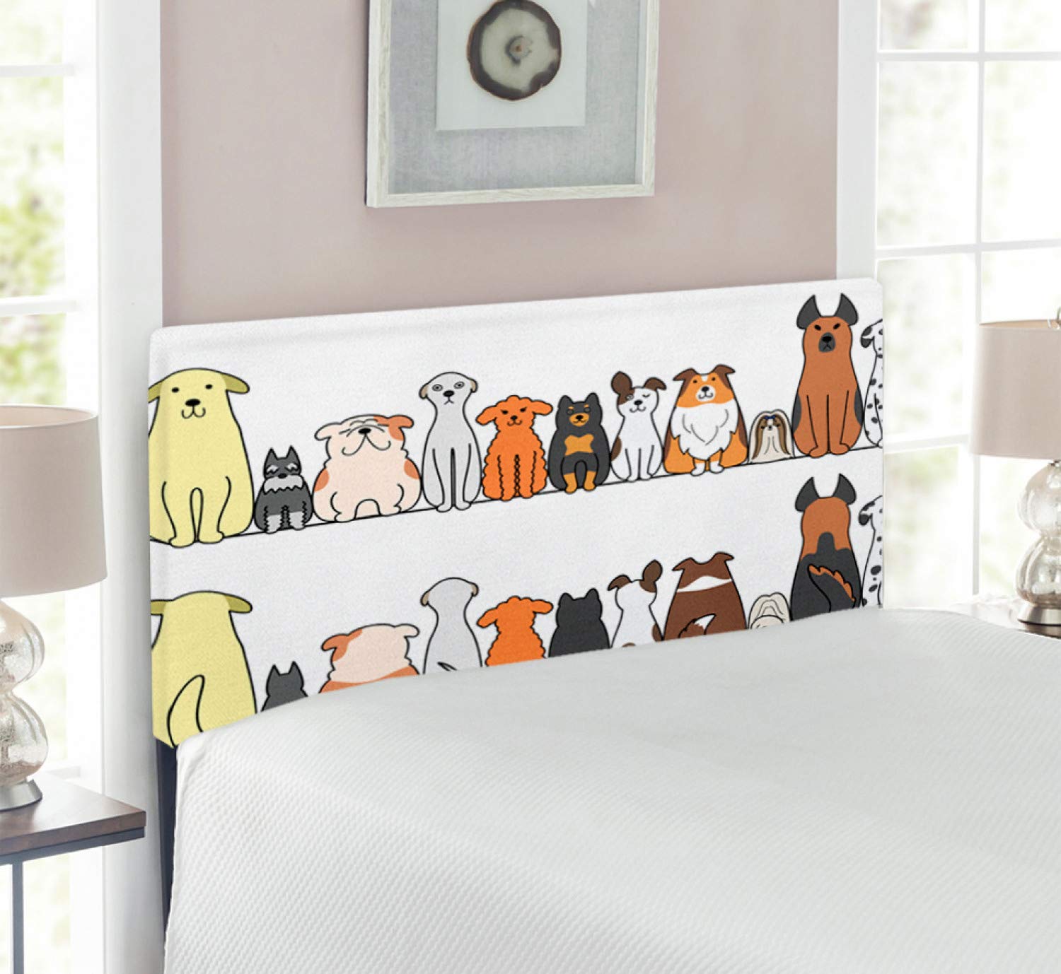 Ambesonne Dog Headboard - Upholstered Decorative Metal Bed Frame with Memory Foam, Twin Size in Yellow Brown | Multicultural Dog Family Comic Art Design | Perfect for Pet Lovers' Bedroom Decor