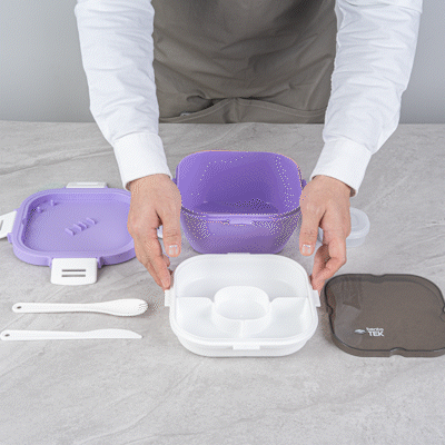 Bento Tek 58 oz Purple and White BPA-Free Lunch Box Set with Fork & Knife - Microwave Safe, 7.25