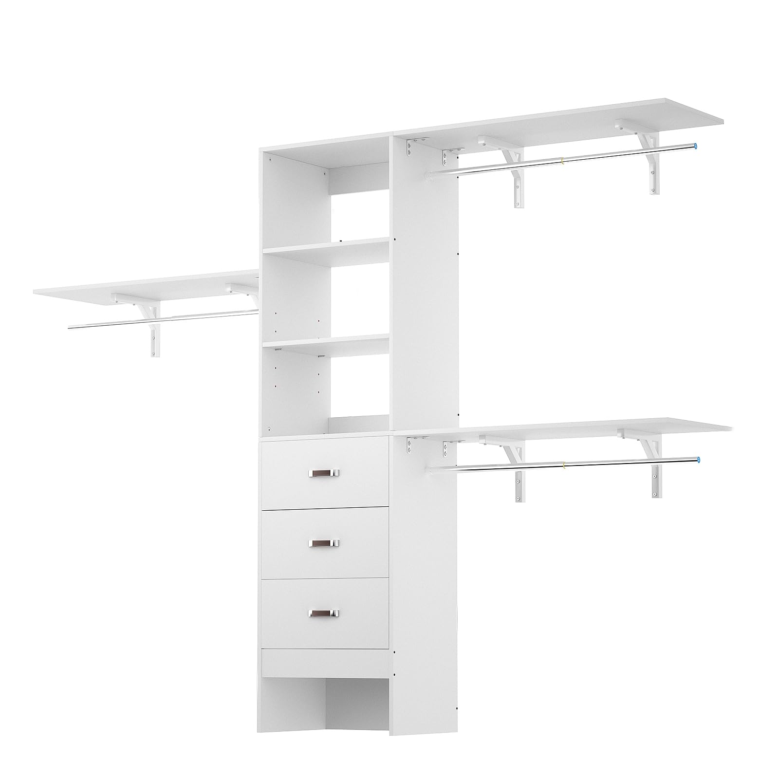 8FT Closet Organizer System - Adjustable Wall Mount Wardrobe with 3 Hanging Rods & 3 Drawers, White (Cut to Fit 5-8FT) - Perfect for Walk-in Closets, Bedroom Storage & Garment Organization