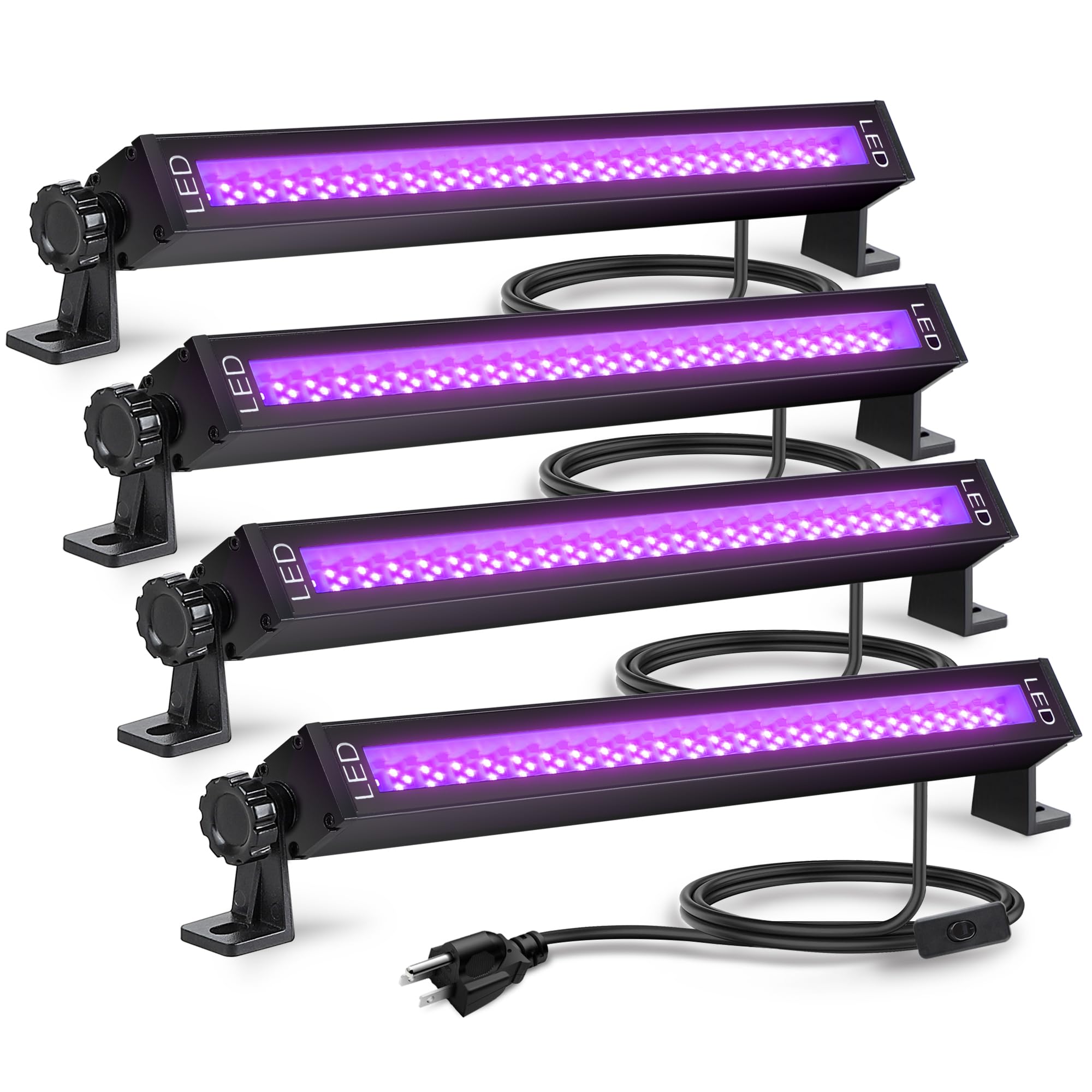 4 Pack LED Black Light Bulbs - UV Blacklight for Glow Party, Large Room & Stage Lighting - Plug-in Black Light Bar with On/Off Switch - Perfect for Halloween, Neon Parties & Bedroom Decorations