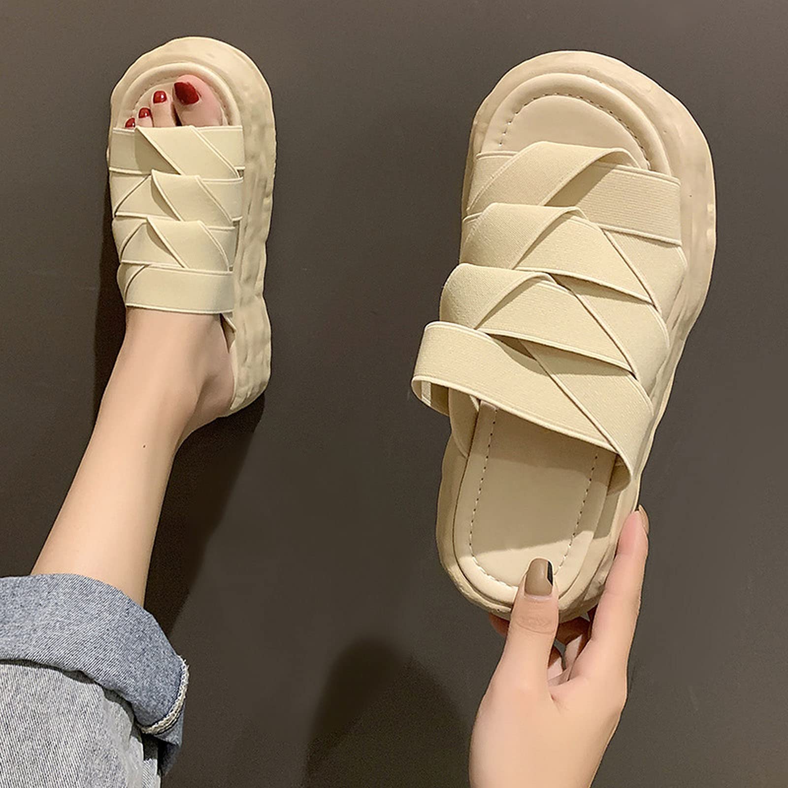 WOilERQ Women's Comfortable Woven Elastic Band Slippers - Summer Thick-Soled Memory Foam Sandals for Indoor & Outdoor Use | Open-Toe Design, Two-Way Wear, Beige Size 39 | Perfect for Home, Beach, and Casual Outings
