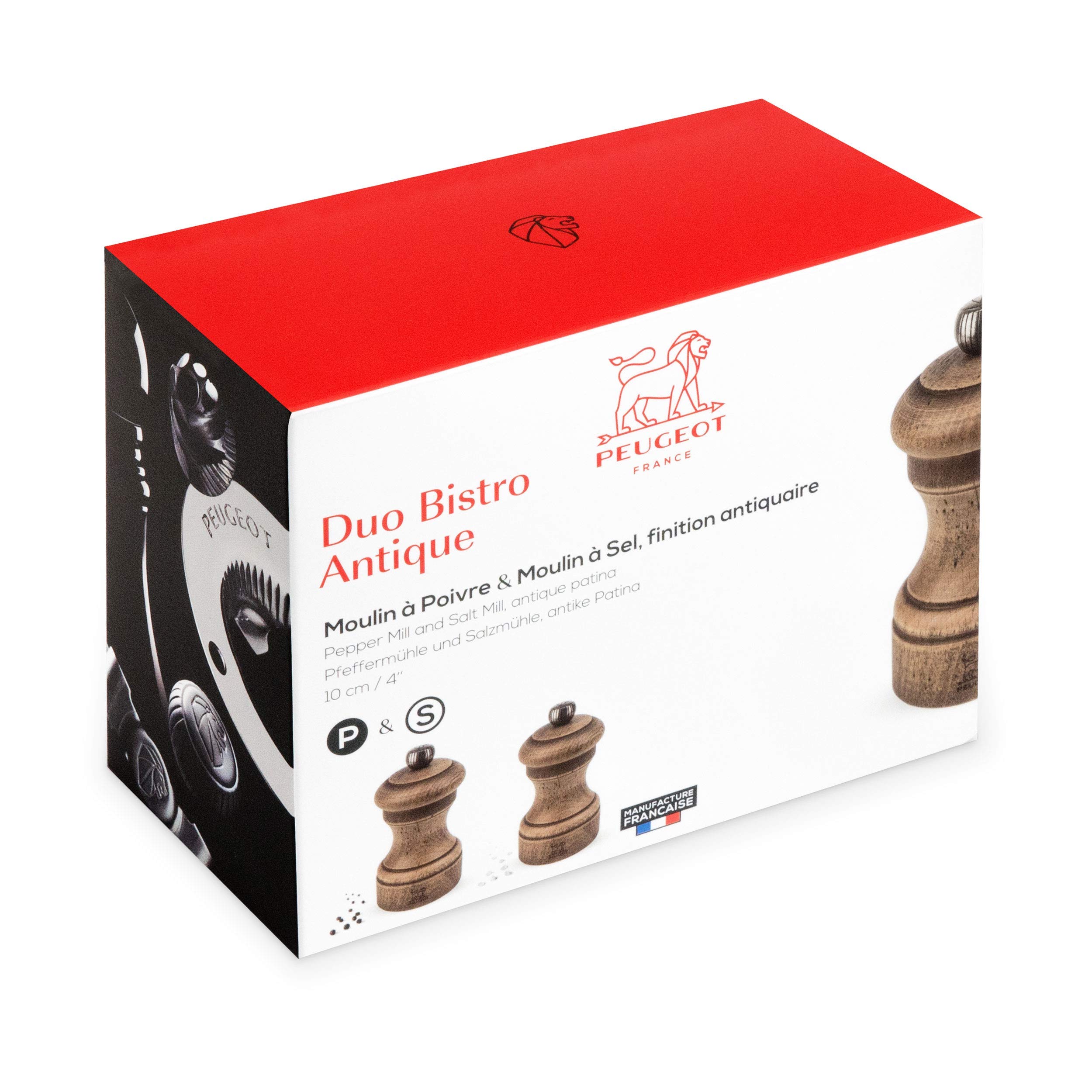 Peugeot Bistro Antique DUO 4 inch Salt and Pepper Shaker Set - Distressed Beechwood Finish - Vintage Style Kitchen Tableware for Restaurants, Home Dining & Gift Giving