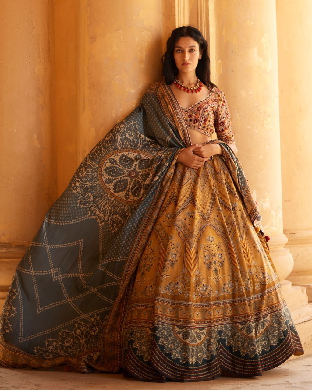 Elegant Beige Embroidered Blouse with Mustard Lehenga Set - Traditional Indian Outfit for Weddings, Festivals & Special Occasions