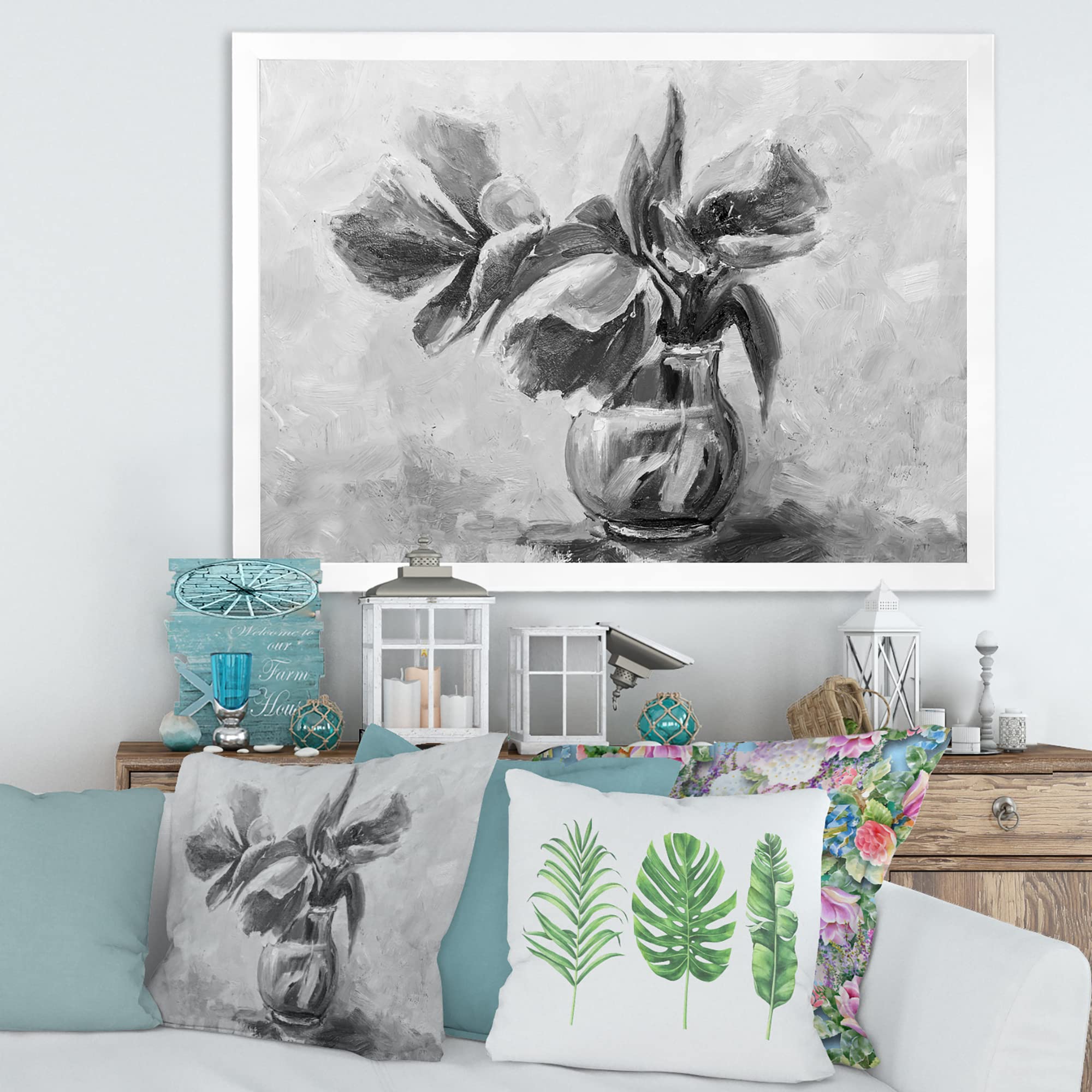 DesignQ Monochrome Still Life Flower Vase Painting - Traditional Framed Wall Art Decor for Living Room, Bedroom & Office
