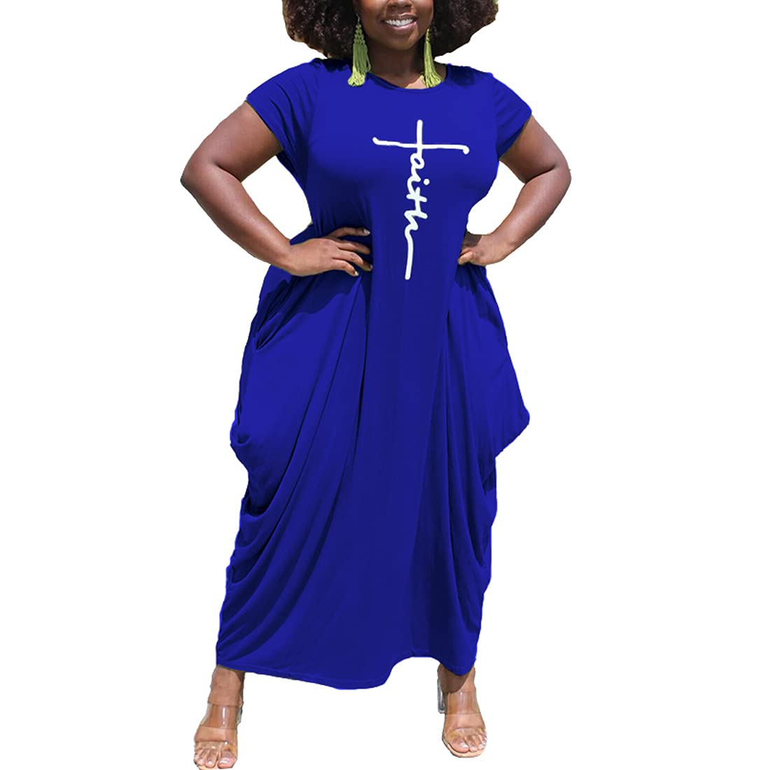 Women's Faith Print Oversized Baggy T-Shirt Dress - Short Sleeve Plus Size Maxi Long Tunic with Pockets | Casual Wear, Church Outfit, Summer Dress