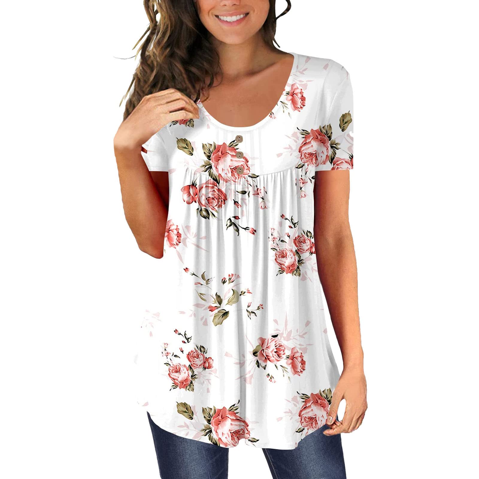 Women's Casual Summer Tops - Short Sleeve Button Print Tunic Tee Shirts | Breathable Comfort for Outdoor Activities & Daily Wear