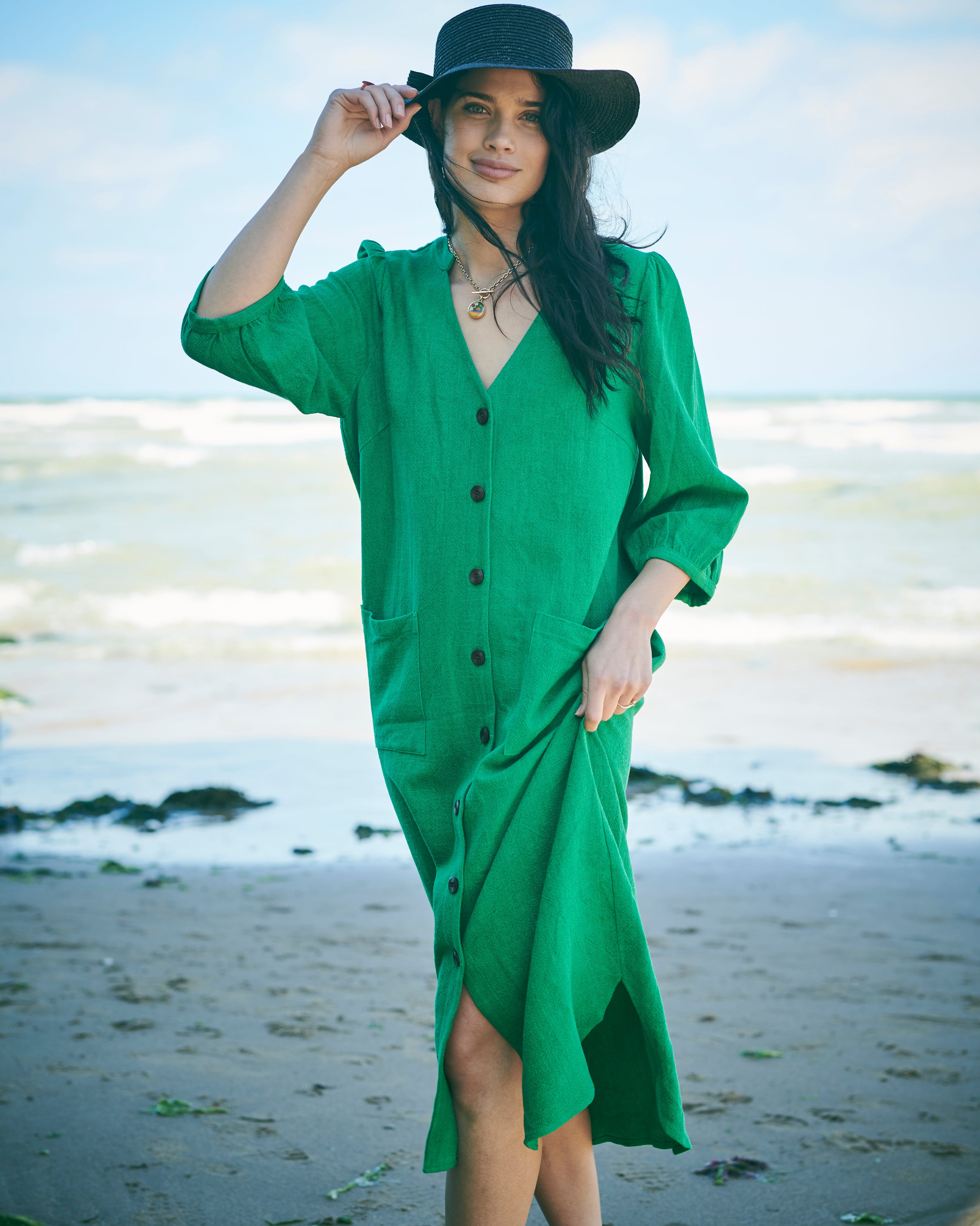 Lowie Women's Linen Viscose Emerald Green Button Through Midi Dress - Perfect for Summer Outings, Beach Vacations & Casual Office Wear