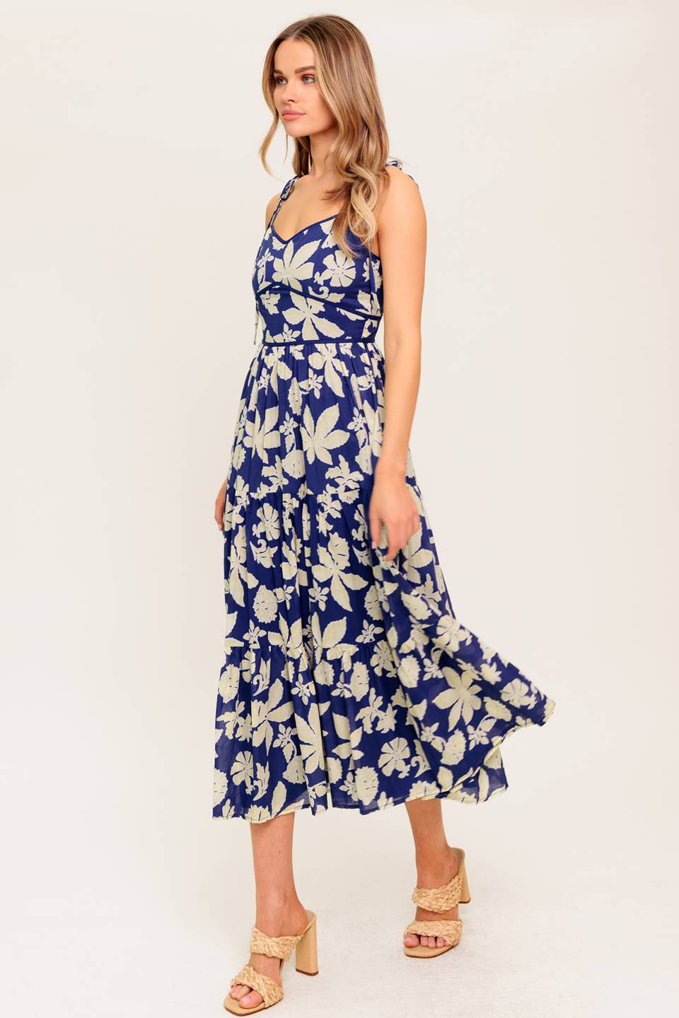 Elegant Petals in the Wind Navy Midi Dress - Perfect for Summer Weddings & Garden Parties