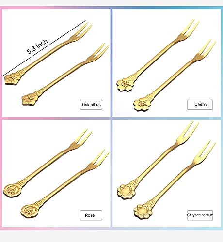 8-Piece Stainless Steel Gold Fruit Forks Set - 2-Prong Appetizer Forks for Cocktails, Salads, Cakes & Desserts - 5.3 Inch Elegant Party Serving Utensils - Perfect for Weddings, Brunches & Tea Parties