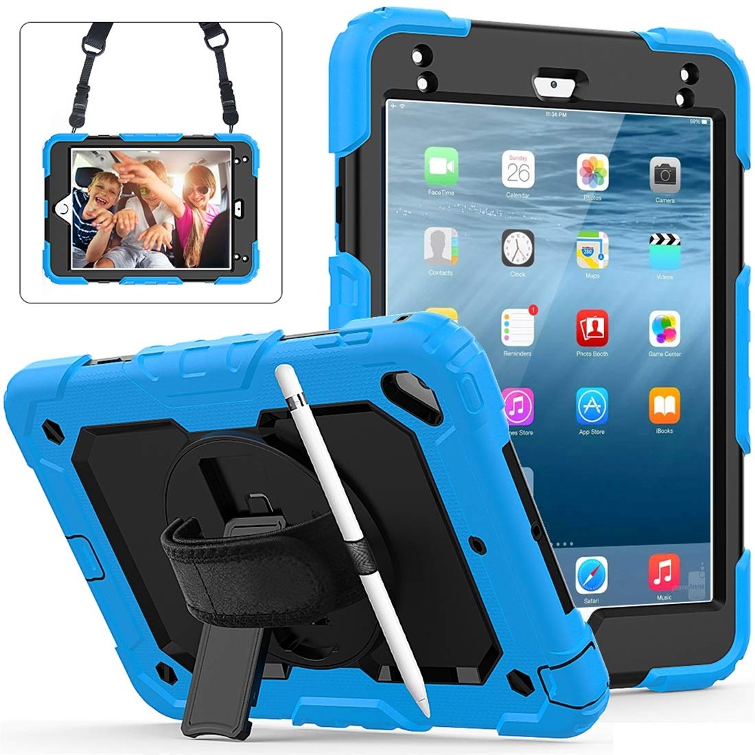 Shockproof Silicone + PC Protective Case for iPad Mini 2019/Mini 4 with Holder, Shoulder Strap, Hand Strap & Pen Slot - Baby Blue | Perfect for Travel, Work & Outdoor Activities